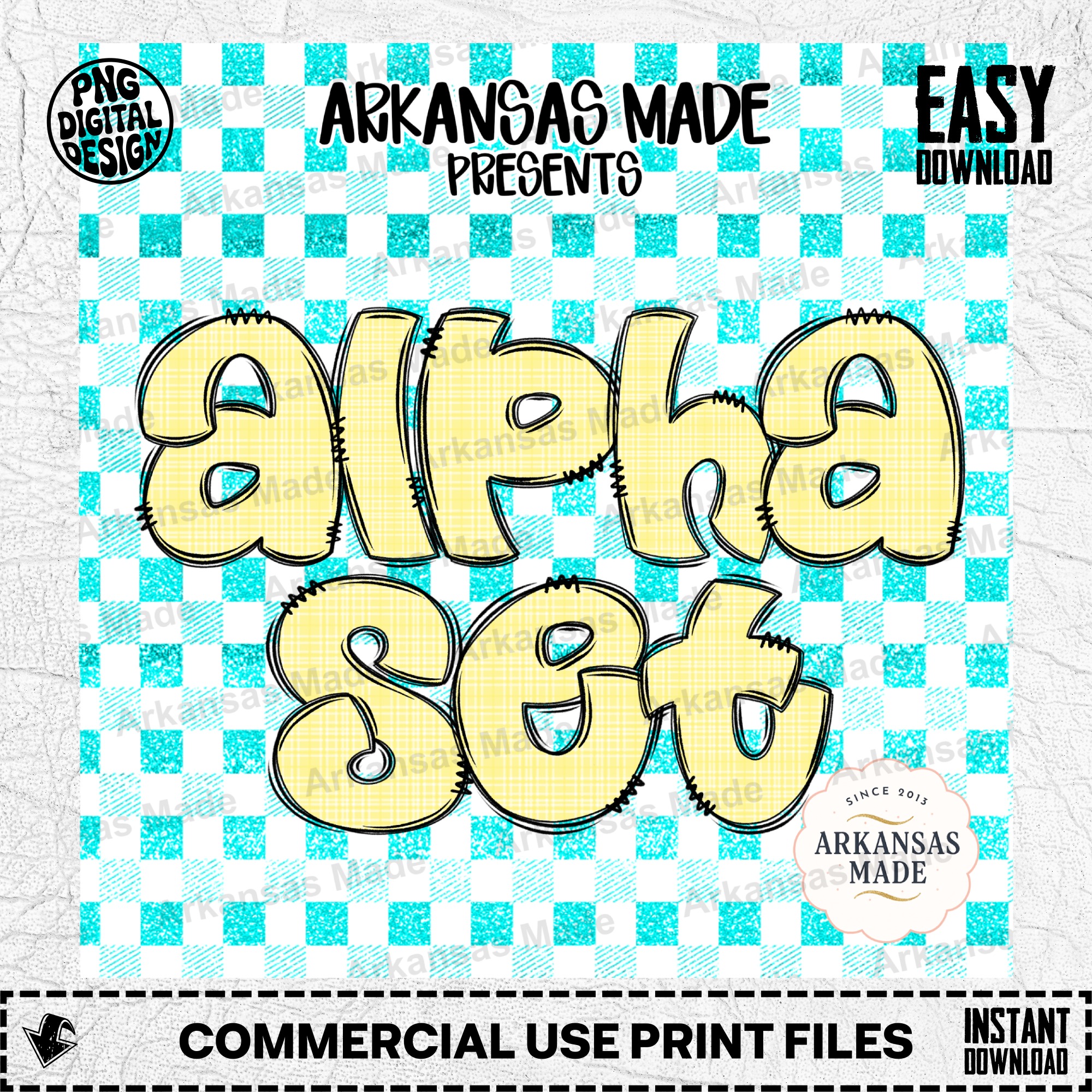 Yellow Gingham Alpha Set PNG, Plaid Bubble Letters Sublimation Font, Digital Alphabet for DIY Crafts, Custom Name Initial Art - Image 2