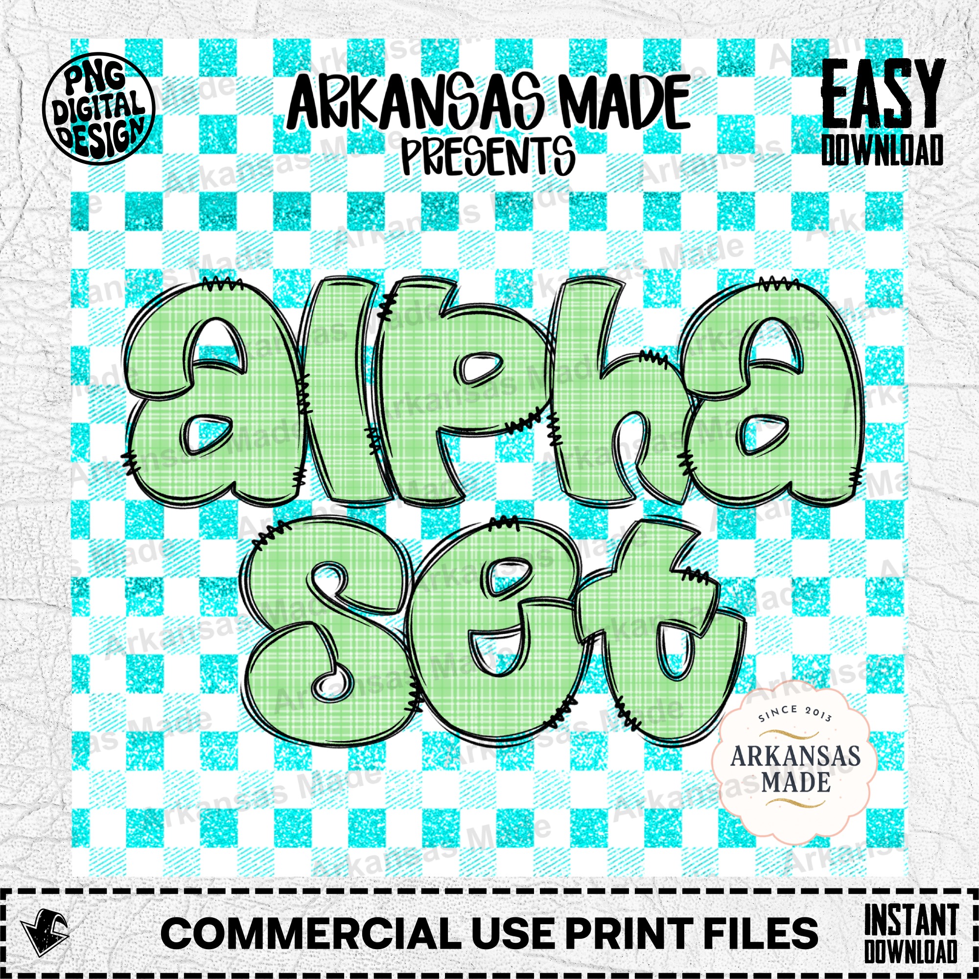 Plaid Bubble Letters PNG Alpha Set, Green Plaid Alphabet PNG Bundle, Distressed Outline Font for Sublimation, Digital Download Crafting Font - Image 2