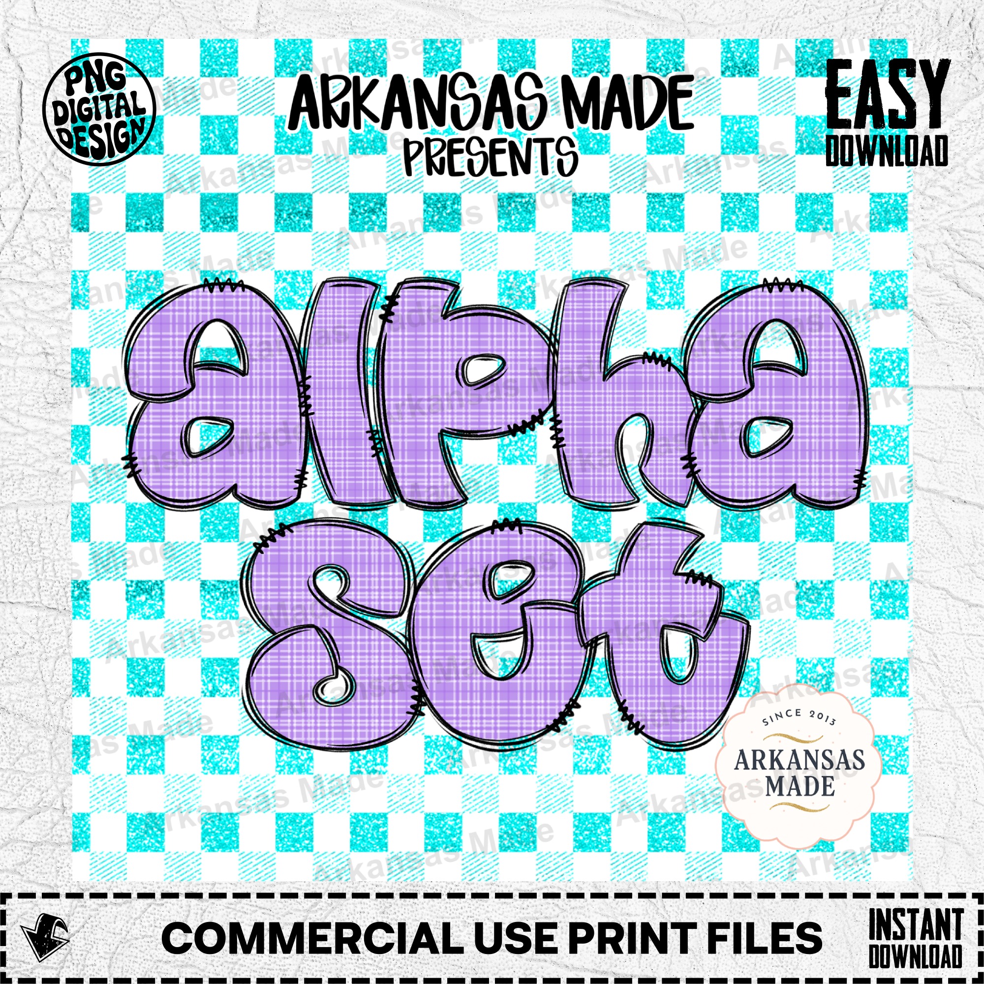 Purple Plaid Bubble Letter PNG Alpha Set, Doodle Stitch Effect Alphabet, Distressed Font Digital Download, Crafting Supply Clipart - Image 2