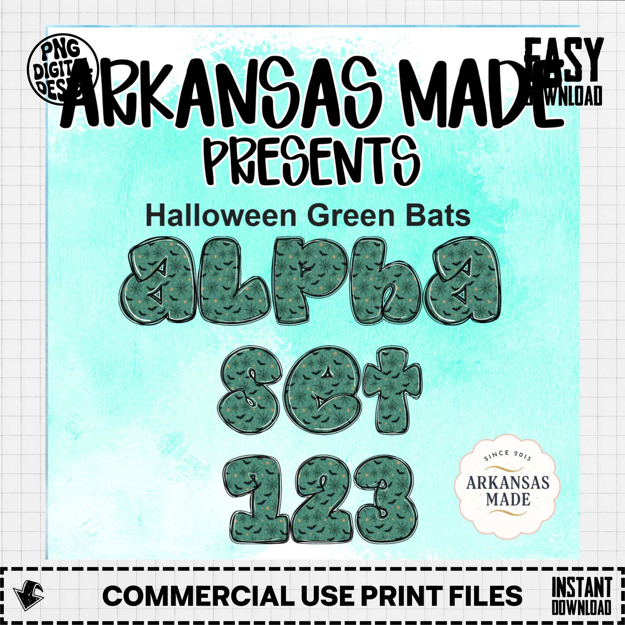 Halloween Green Bats Digital Alpha PNG Set 123, Spooky Faux Gold Spiderwebs Bubble Letters Font Commercial Use Sublimation - Image 3