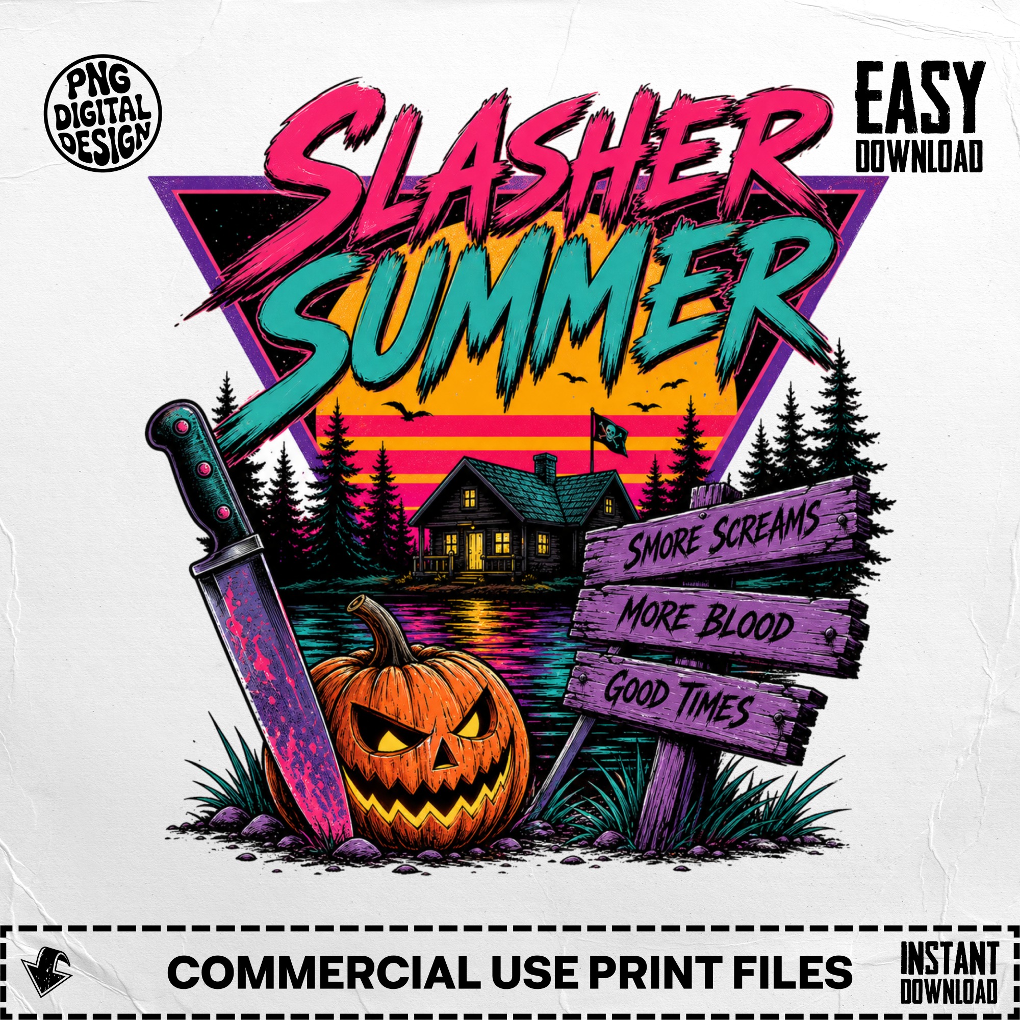 Slasher Summer Retro Horror Digital Download PNG with Spooky Pumpkin & Knife | 80s Halloween Synthwave Shirt Design File - Image 5