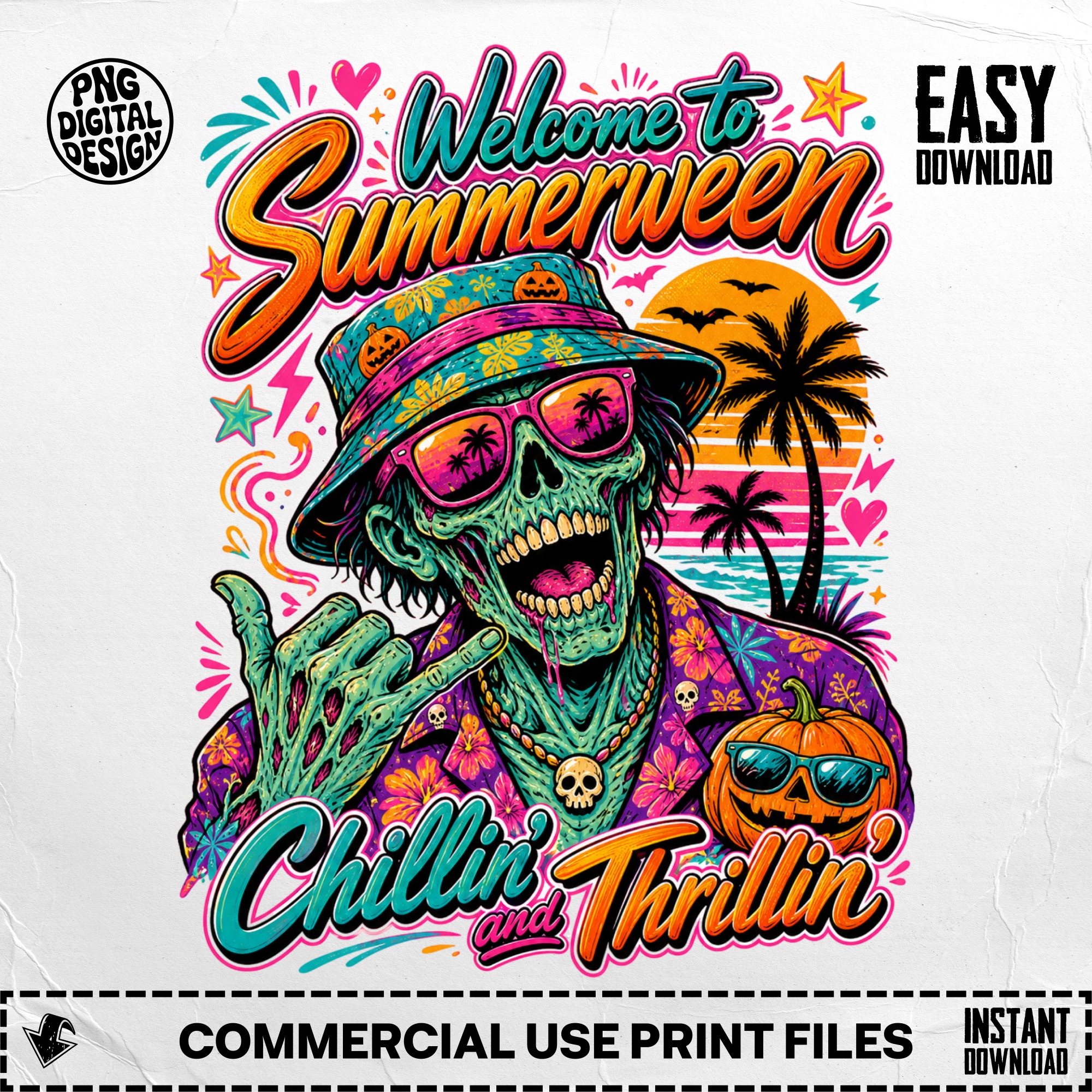 Summerween Skeleton PNG Digital Download, Chillin Thrillin Spooky Summer Vacation Graphic, Halloween Party T-Shirt Design, Y2K Vibes - Image 5