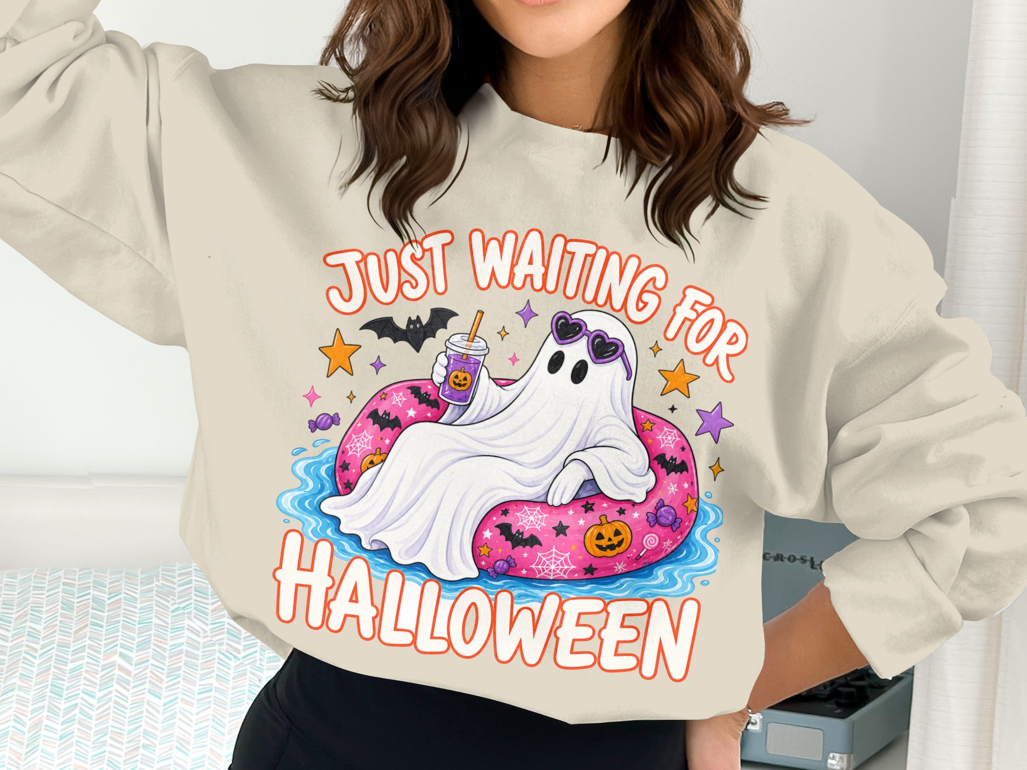 Just Waiting for Halloween Ghost PNG Digital Download, Cute Spooky Season Ghostie Graphic Design, Funny Fall Sublimation Tee Art - Image 3