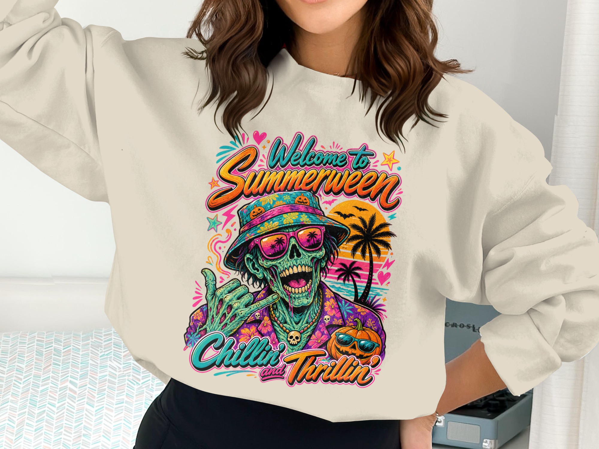 Summerween Skeleton PNG Digital Download, Chillin Thrillin Spooky Summer Vacation Graphic, Halloween Party T-Shirt Design, Y2K Vibes - Image 3