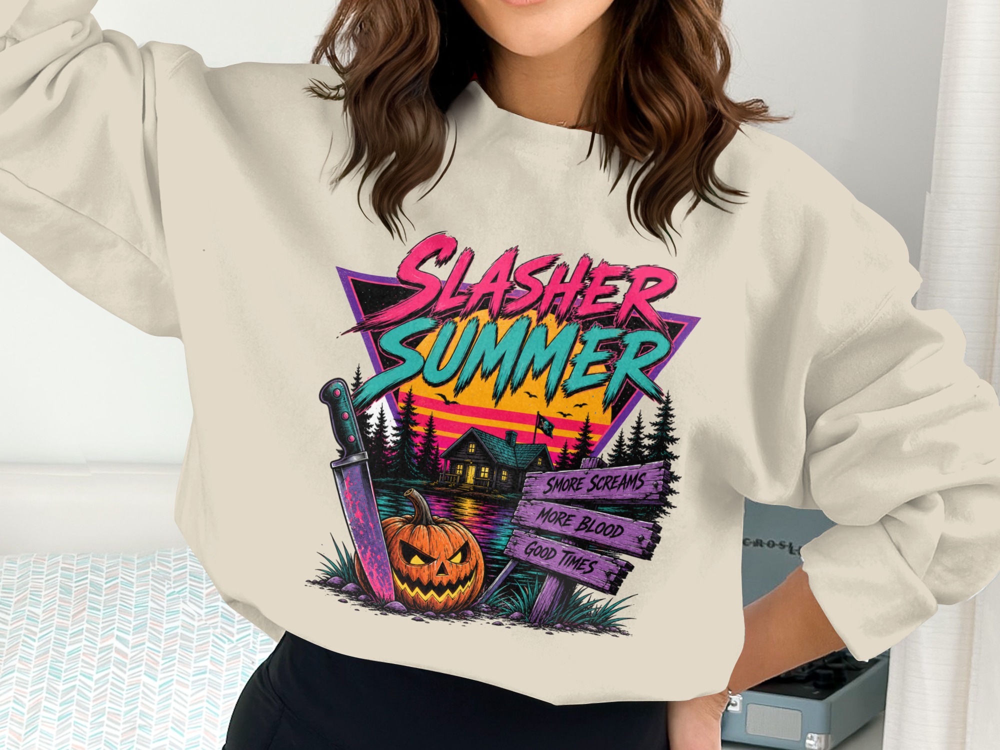 Slasher Summer Retro Horror Digital Download PNG with Spooky Pumpkin & Knife | 80s Halloween Synthwave Shirt Design File - Image 3