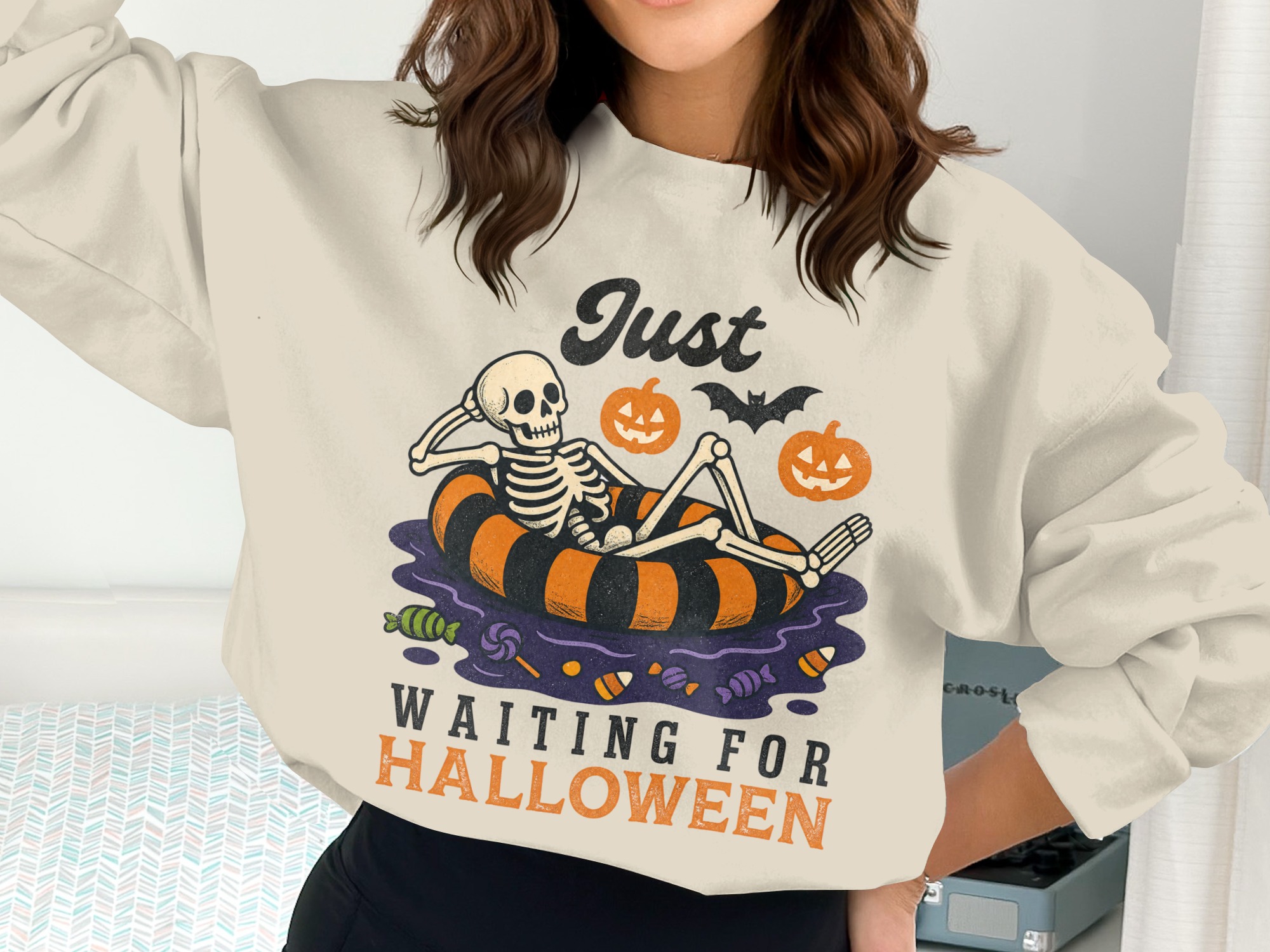 Waiting For Halloween PNG Digital Download, Skeleton Halloween Design, Spooky Season Graphic, Funny Fall PNG - Image 3