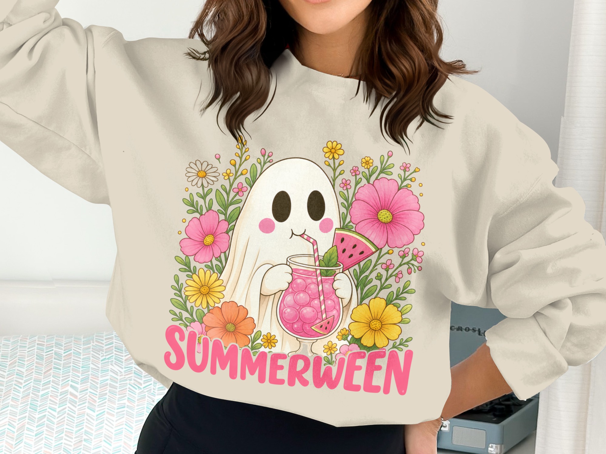 Summerween Digital Download, Cute Ghost PNG with Flowers & Watermelon Drink, Spooky Season Summer Vibes T-Shirt Sublimation Graphic - Image 3