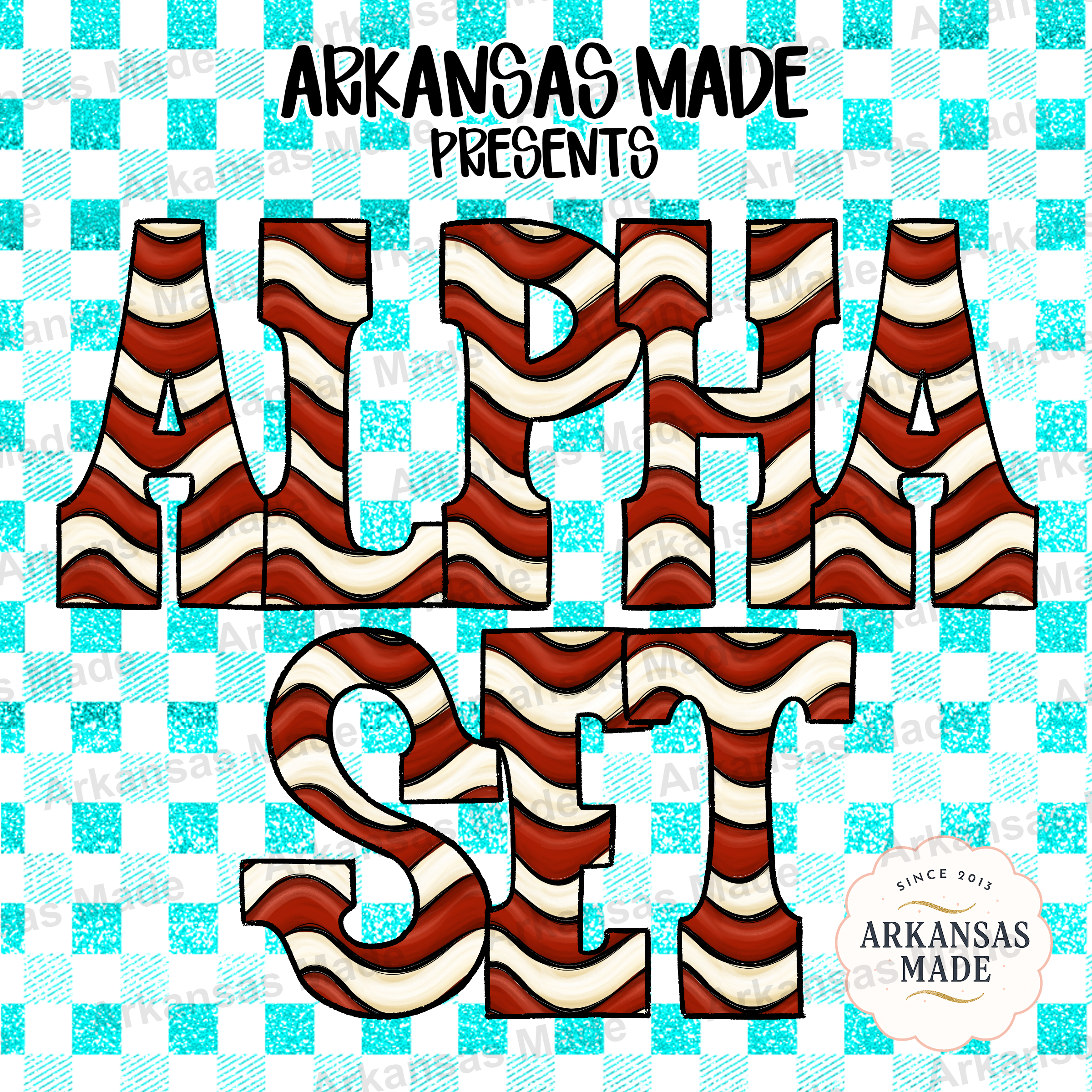 Red Cream Candy Stripe Alpha Set PNG, Wavy Striped Letters, Festive Alphabet Clipart, Christmas Holiday Digital Font, Sublimation Design