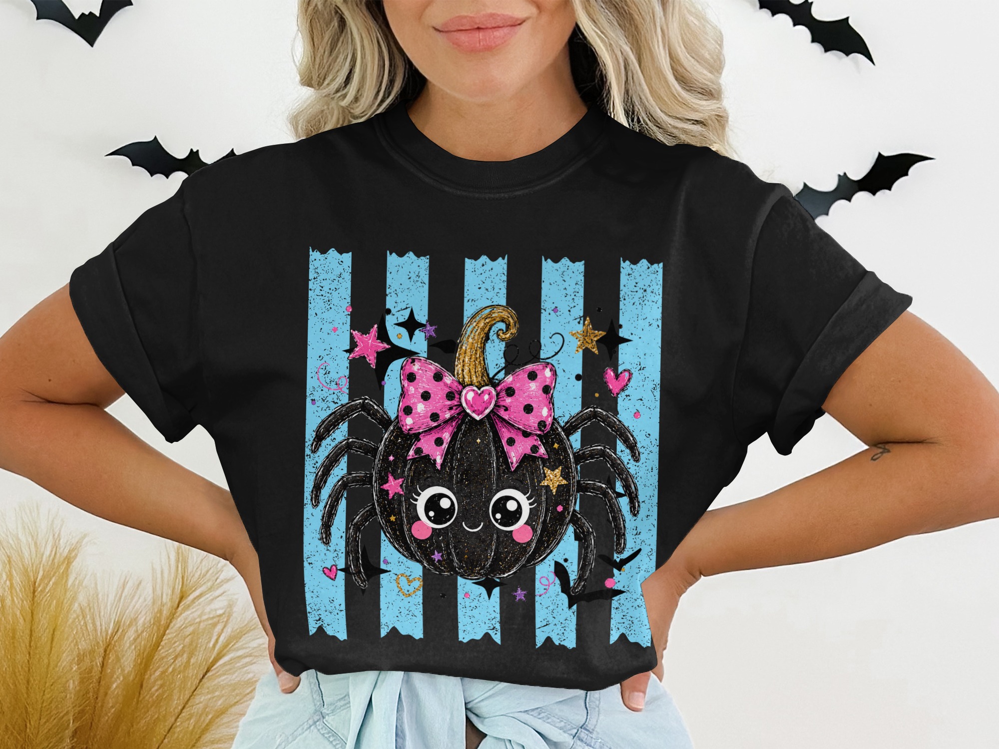 Cute Spooky Spider Pumpkin T-Shirt for Halloween Lover, Adorable Fall Autumn Tee Shirt with Faux Gold Glitter - Image 2