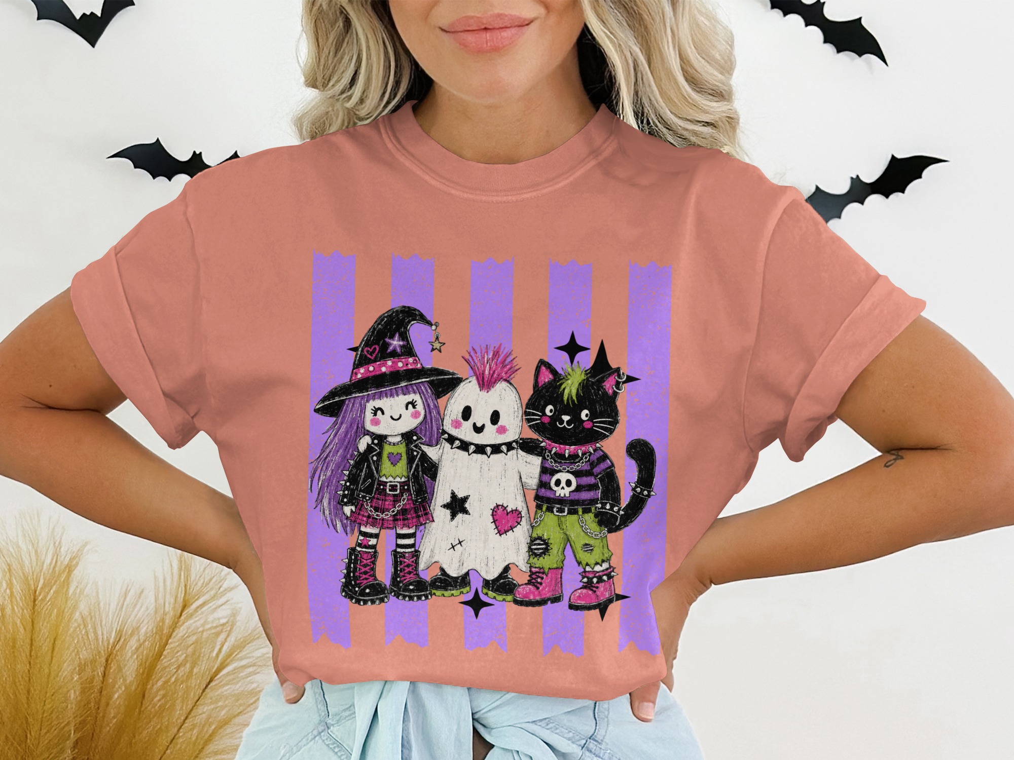 Spooky Cute Goth Friends T-Shirt, Pastel Punk Rock Witch Ghost Cat Halloween Shirt, Alternative Aesthetic Crewneck Tee - Image 3