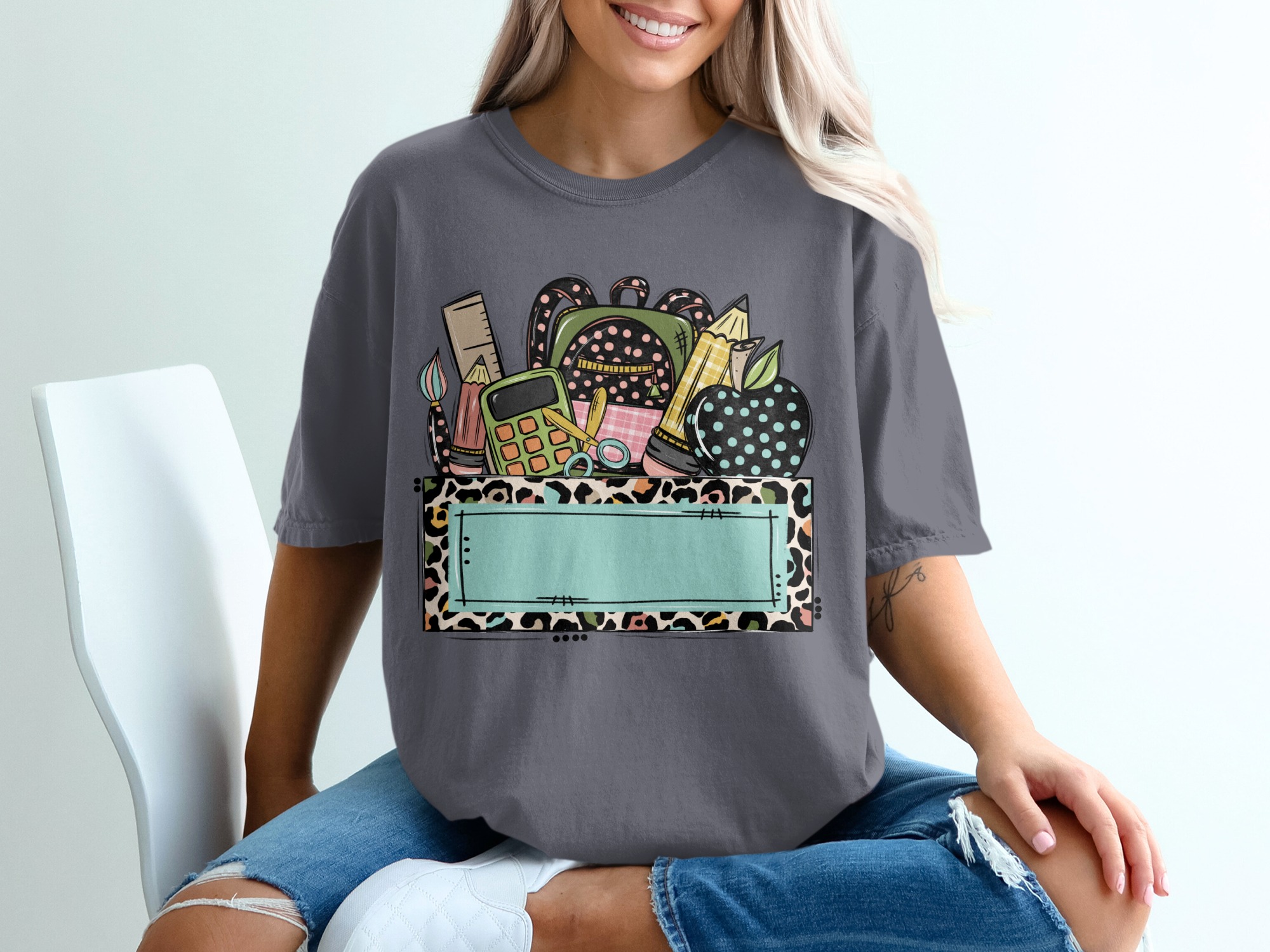 Custom Teacher School Supplies T-Shirt | Personalized Educator Gift, Back to School, Leopard Print Top - Image 12