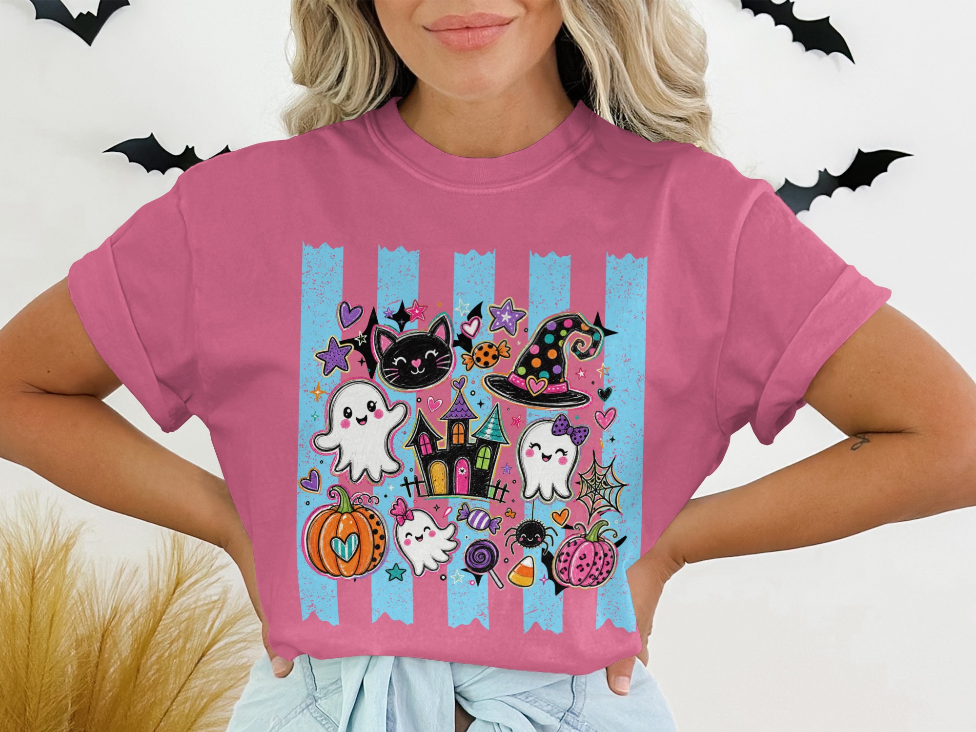 Cute Halloween Spooky Ghost T-Shirt, Kawaii Black Cat Witch Hat Pumpkin Tee, Whimsical Trick or Treat Kids & Adult Gift - Image 13