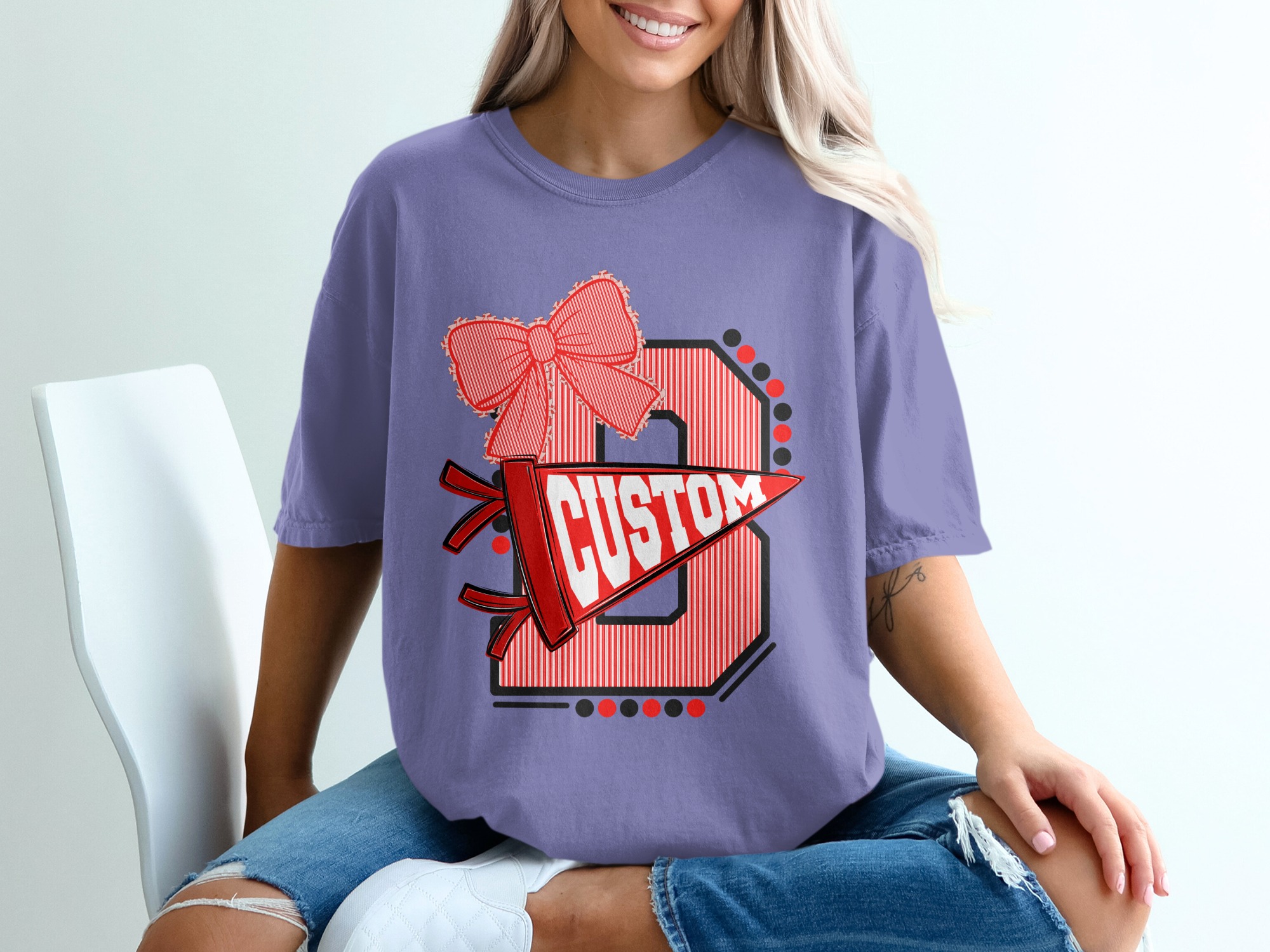 Custom Initial T-Shirt with Bow, Personalized Varsity Style Pennant Design, School Spirit College Team Mascot Letter Tee - Image 13
