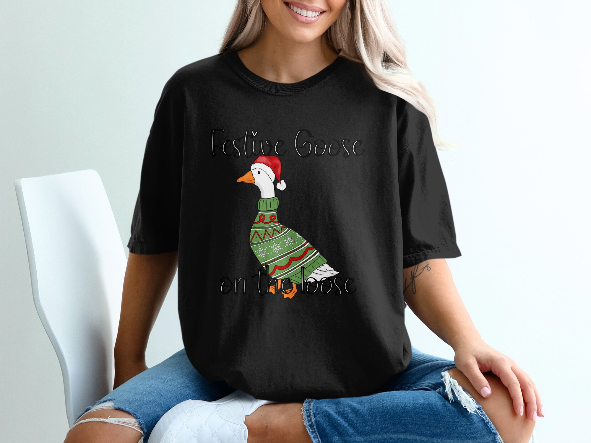 Festive Goose On The Loose T-Shirt, Funny Christmas Goose Shirt, Ugly Sweater Holiday Party Tee, Xmas Gift for Her Him Friend - Image 2
