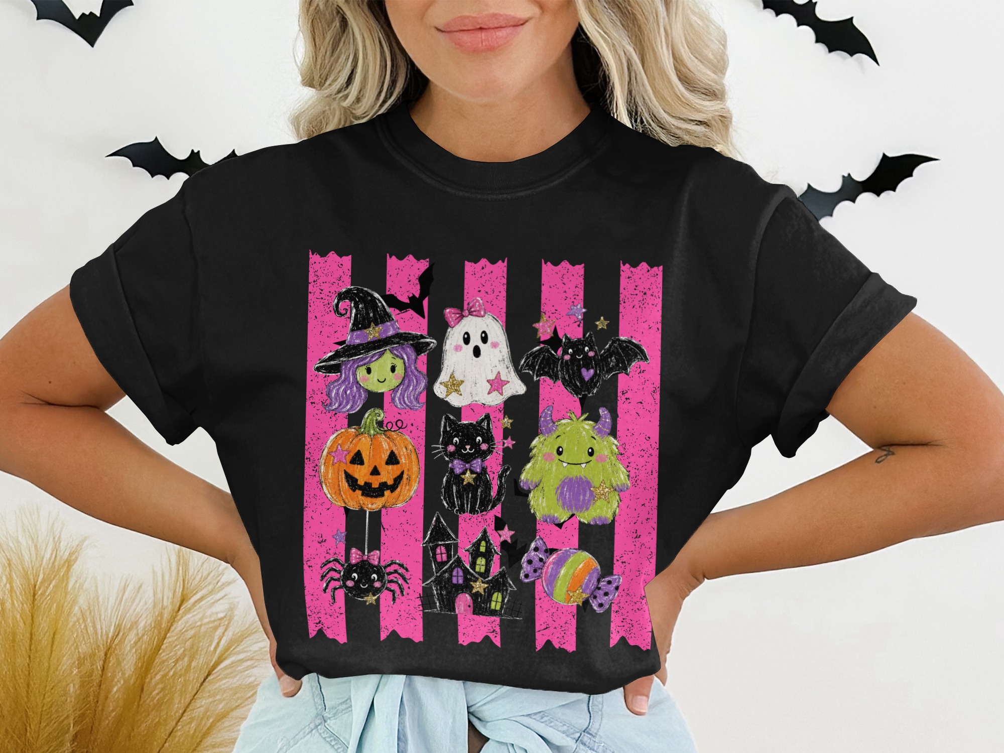 Cute Halloween T-Shirt, Spooky Season Witch Ghost Bat Pumpkin Cat Monster Spider Haunted House Candy Pink Stripes Graphic Tee - Image 2