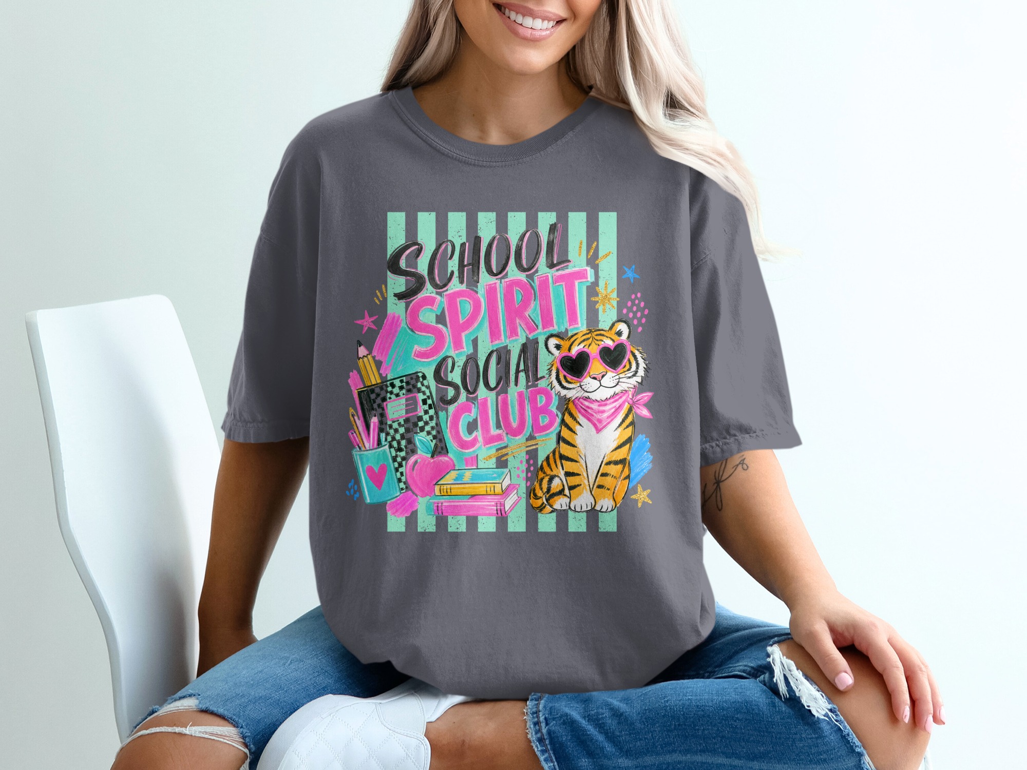 School Spirit Social Club T-Shirt, Cool Teacher Student Gift, Retro Tiger Graphic Tee, Y2K Vibes, Back to School Apparel - Image 2