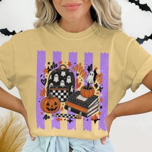 Spooky Teacher Back to School T-Shirt, Halloween Ghost Backpack Student Tee, Fall Pumpkin Book Lover Top, Autumn College Shirt