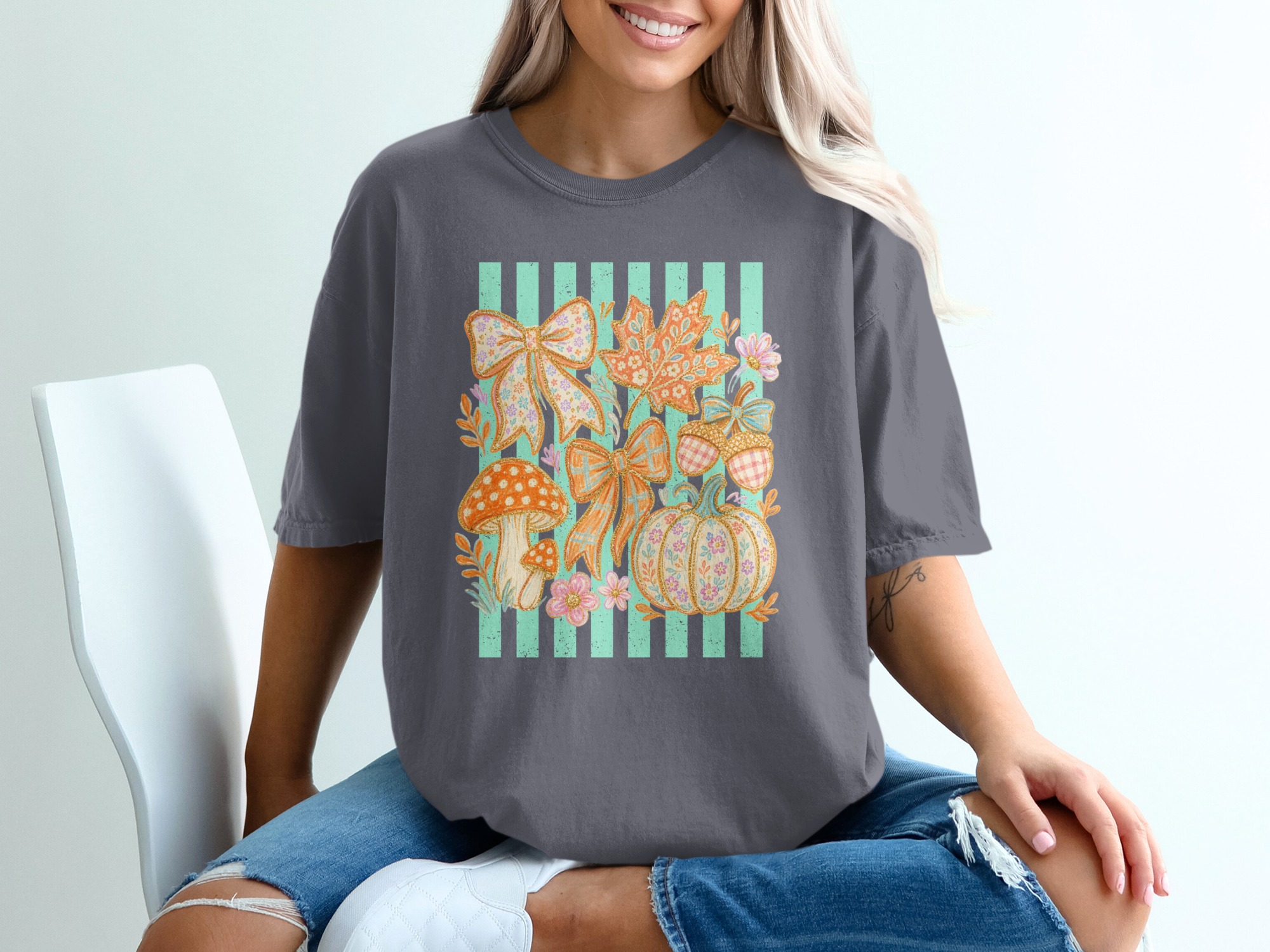 Cottagecore Mushroom Bows & Pumpkin Fall T-Shirt | Whimsical Autumn Leaves Acorns Graphic Cozy Nature Tee Gift - Image 2