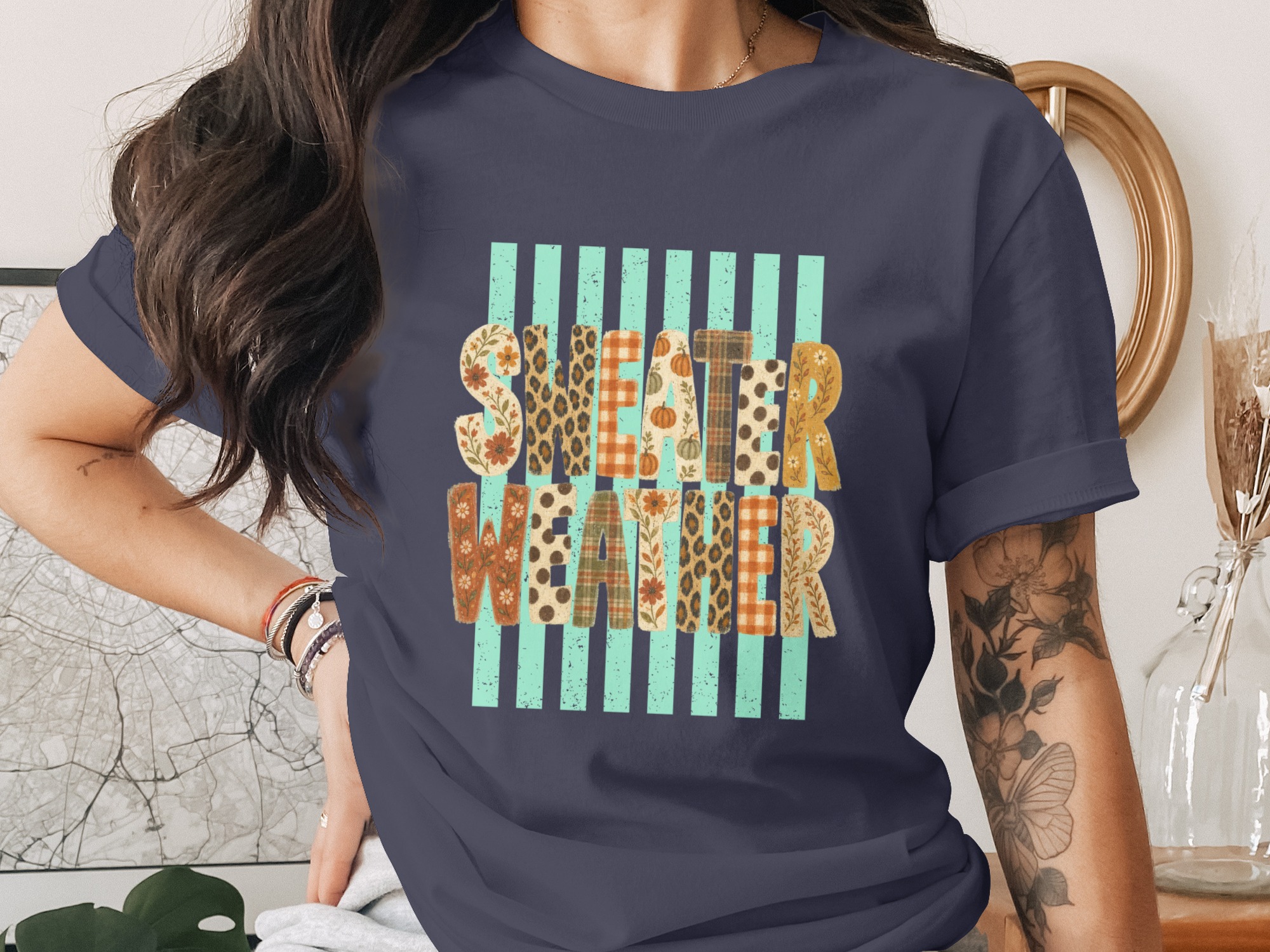 Sweater Weather T-Shirt | Fall Vibes Autumn Graphic Tee | Cute Pumpkin Leopard Print Plaid Women's Shirt | Cozy Season Top Gift - Image 10