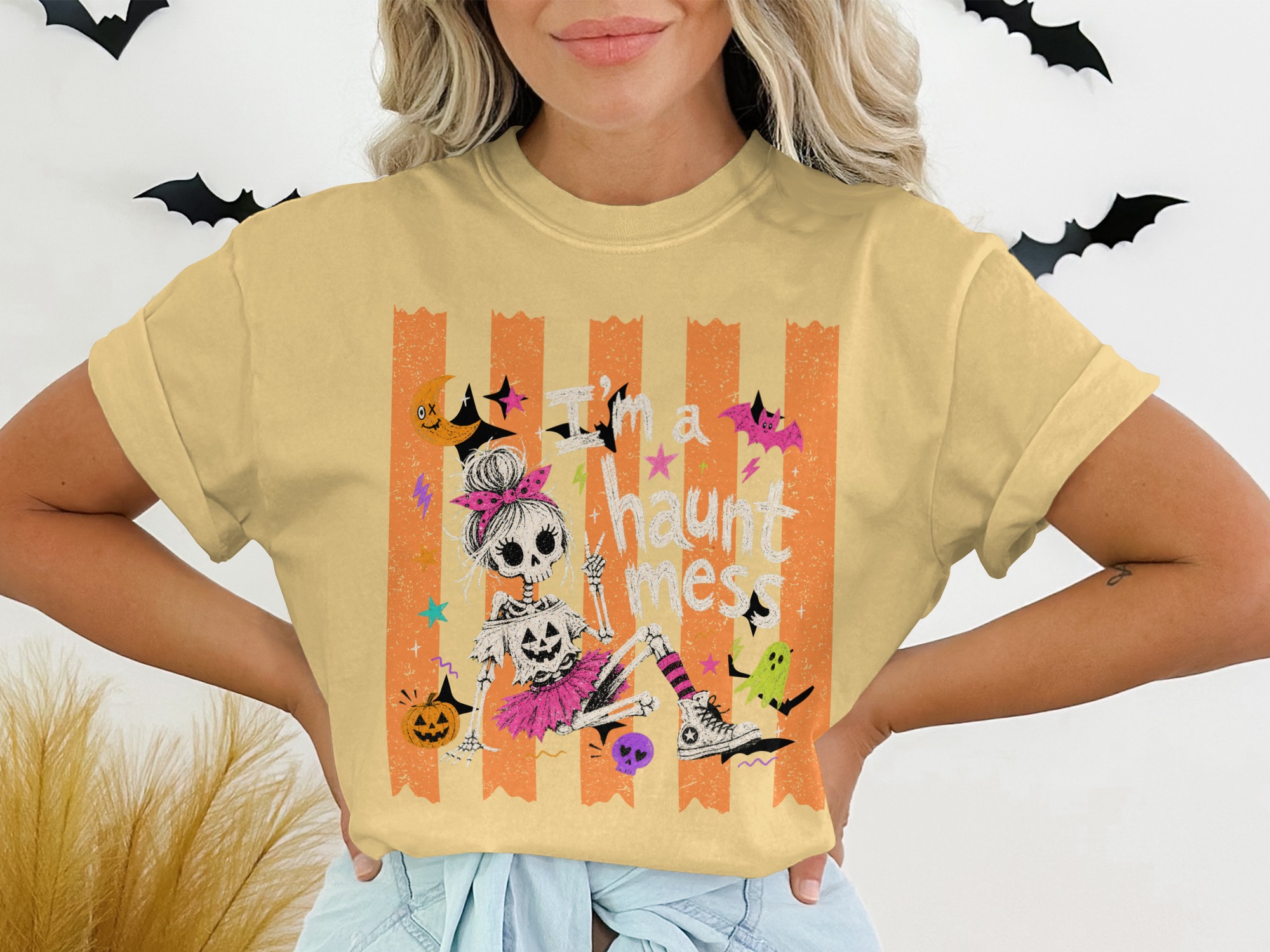 Spooky Cute Haunt Mess Skeleton Girl T-Shirt, Kawaii Pastel Goth Halloween Tee, Fun Y2K Fall Season Shirt for Women & Teens