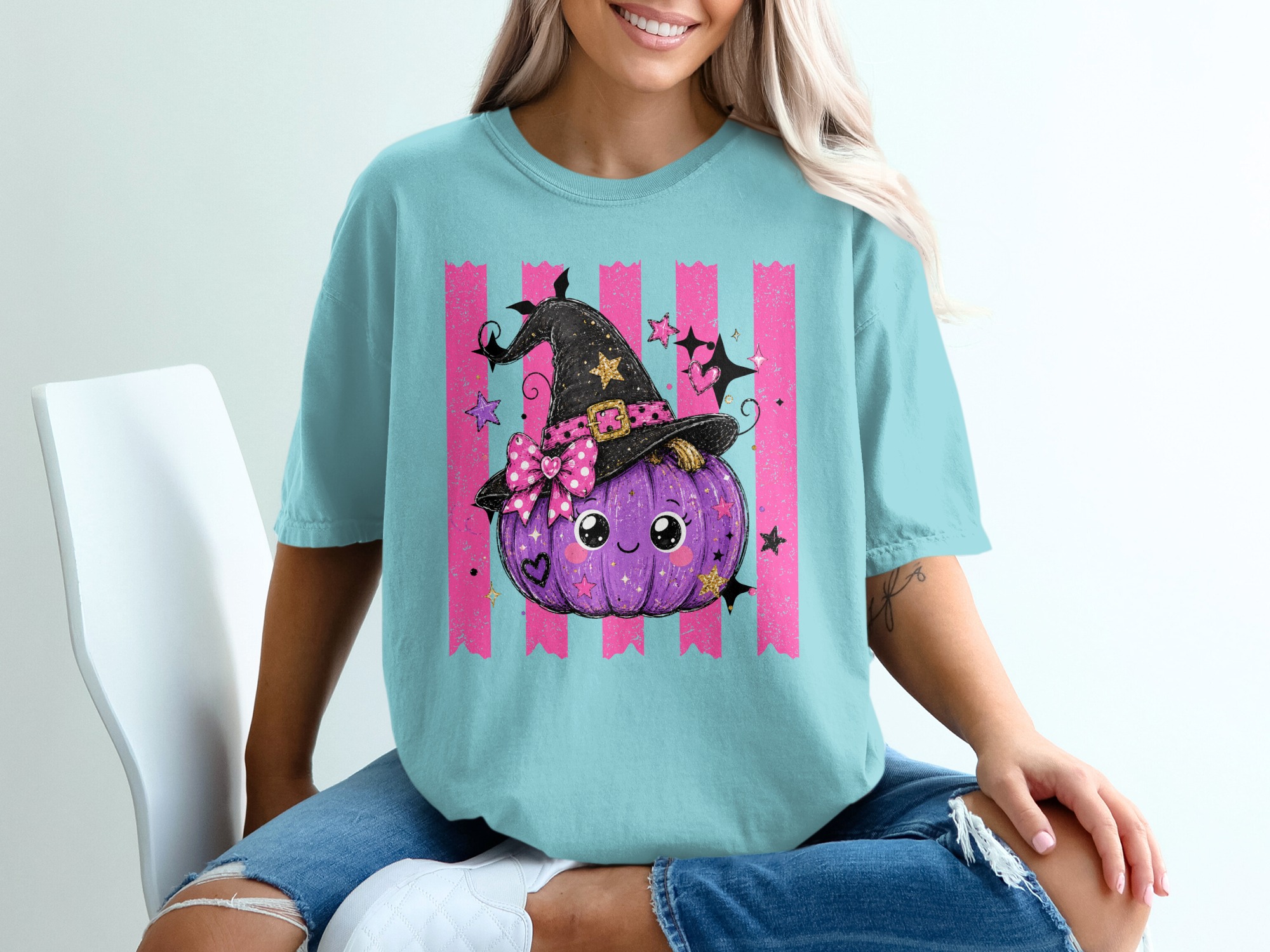 Cute Witch Pumpkin T-Shirt | Adorable Halloween Shirt for Women & Girls | Spooky Season Tee Gift Idea - Image 8