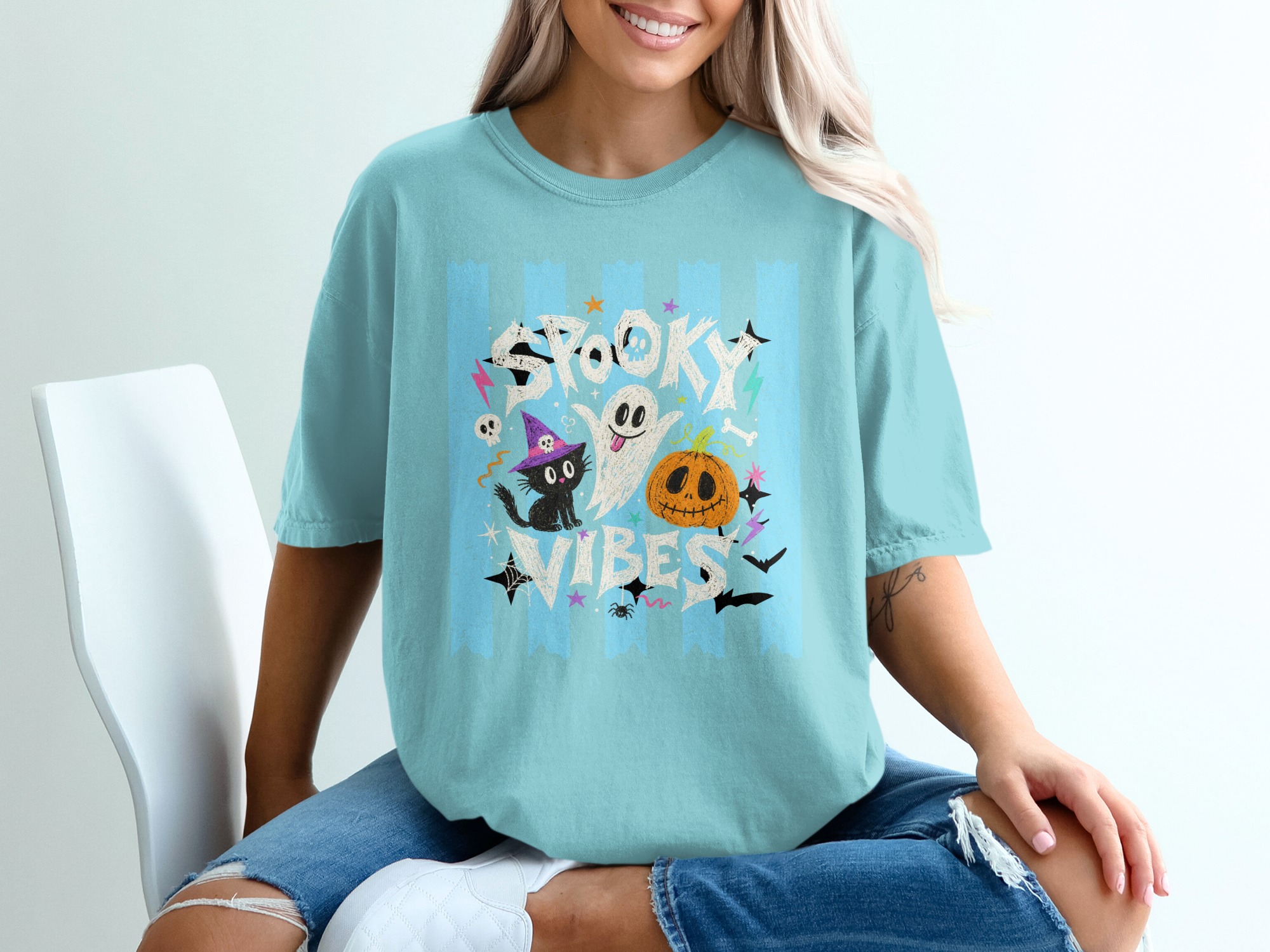 Spooky Vibes Halloween Graphic Tee | Cute Ghost Witchy Cat Jack O Lantern Fall Season Women's Trendy Funny Spooky T-Shirt Gift - Image 7