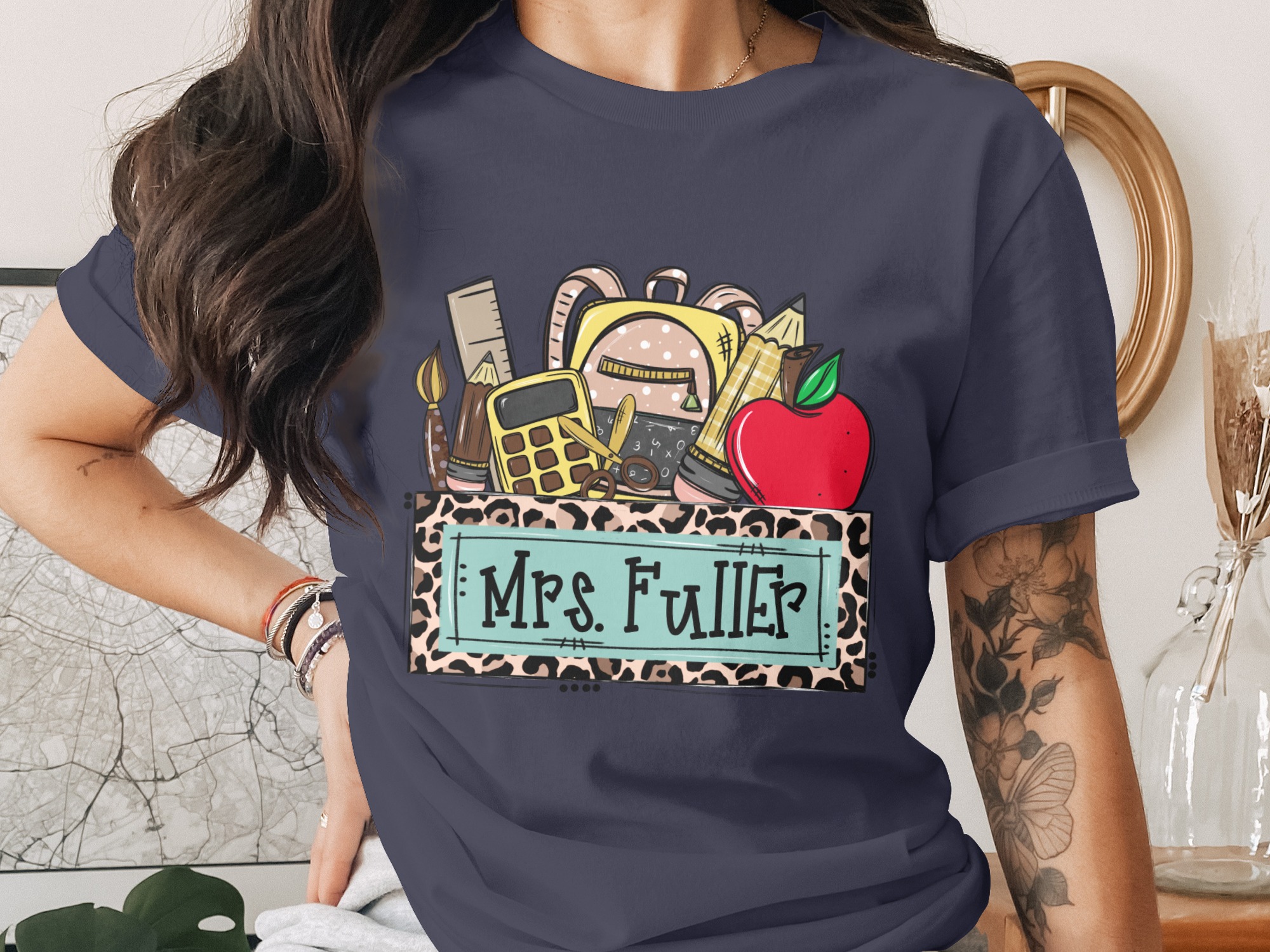 Personalized Teacher T-Shirt, Custom School Supplies & Leopard Print Frame Tee, Back to School Educator Gift Shirt - Image 3