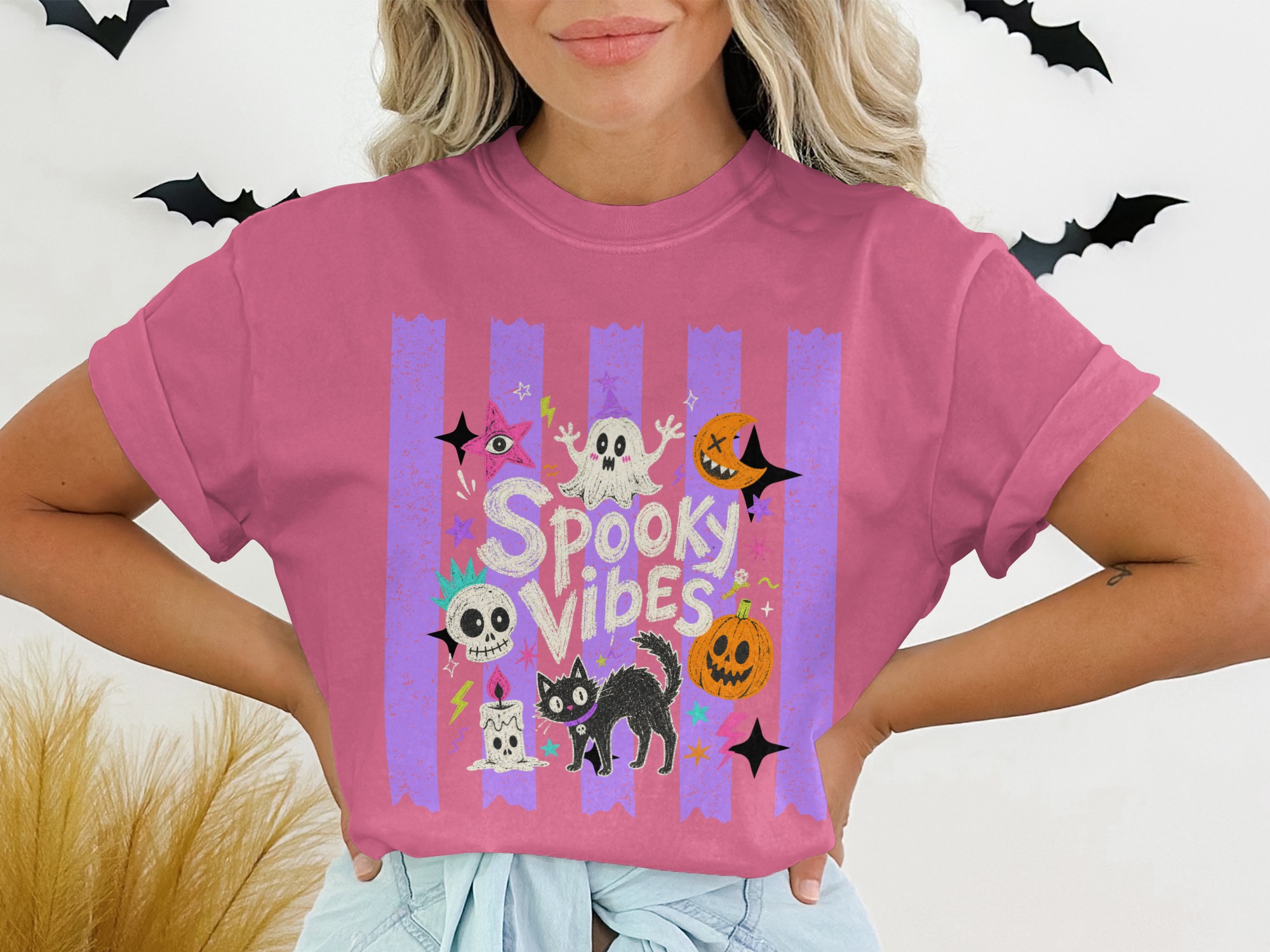 Spooky Vibes T-Shirt, Cute Ghost Black Cat Halloween Shirt, Whimsigoth Pastel Goth Aesthetic Pumpkin Skull T-Shirt, Retro Spooky Season Gift - Image 12