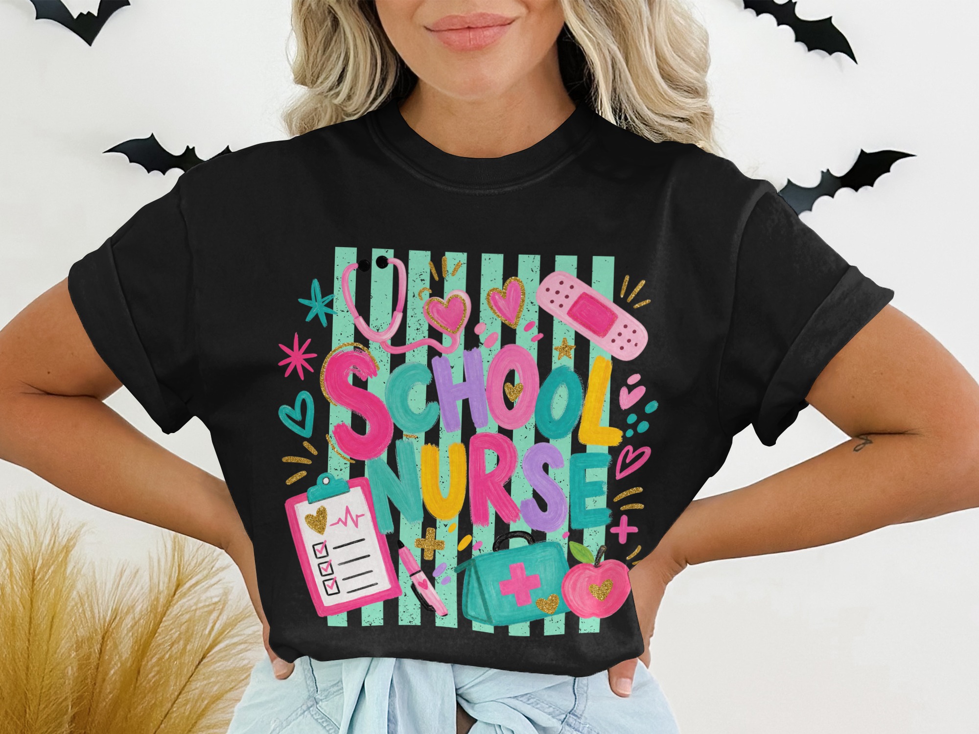 School Nurse T-Shirt, Colorful RN Appreciation Tee, Cheerful Healthcare Worker Gift, Registered Nurse Life Top for Back to School &