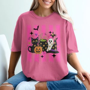 Whimsical Halloween T-Shirt Cute Spooky Season Tee with Black Cat, Ghost, Cauldron & Witch Hat Design, Pink Stripe Fall Top