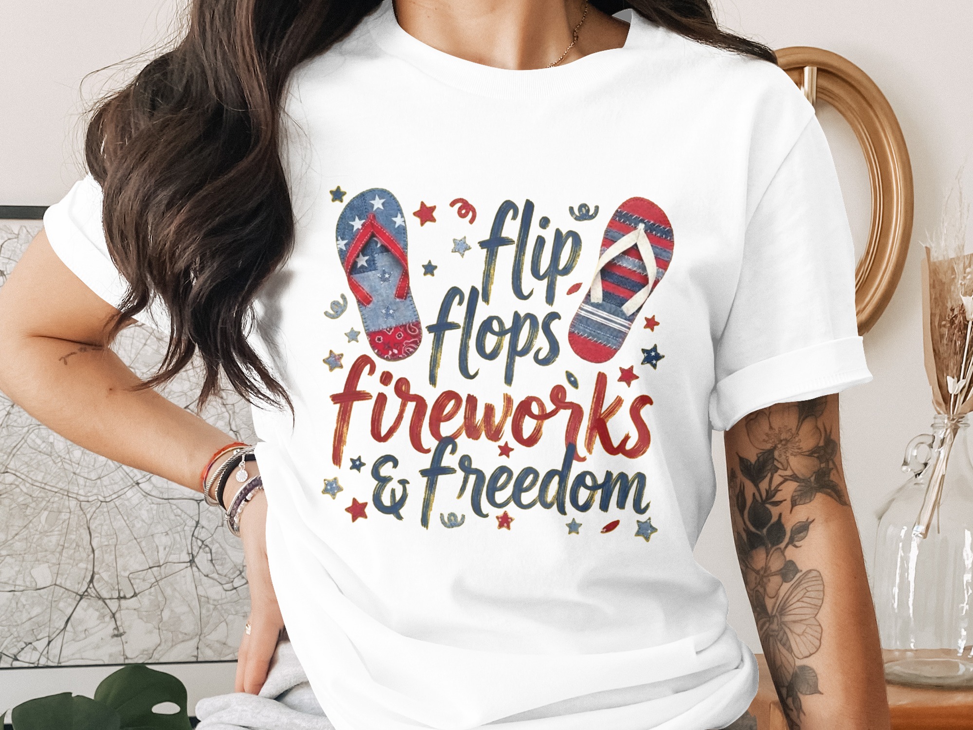 Patriotic Flip Flops Fireworks & Freedom T-Shirt, 4th of July Shirt, Summer Vacation Tee, Americana Graphic Top, Independence Day Gift
