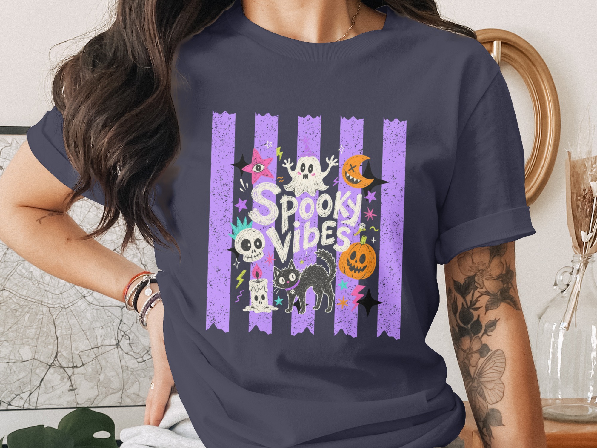 Spooky Vibes T-Shirt, Cute Ghost Black Cat Halloween Shirt, Whimsigoth Pastel Goth Aesthetic Pumpkin Skull T-Shirt, Retro Spooky Season Gift - Image 10