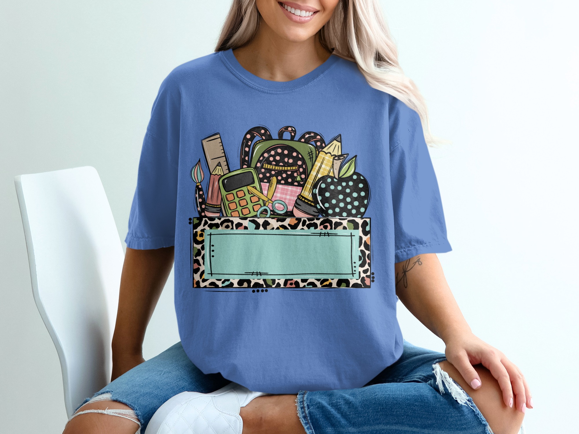 Custom Teacher School Supplies T-Shirt | Personalized Educator Gift, Back to School, Leopard Print Top - Image 20