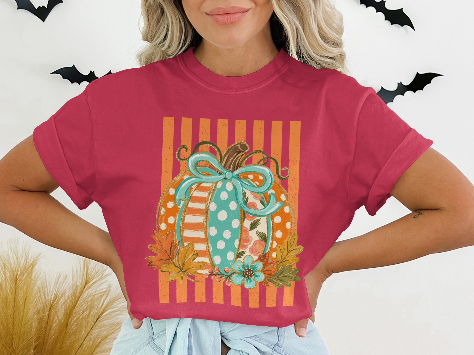 Whimsical Pumpkin T-Shirt, Cute Fall Graphic Tee, Boho Polka Dot Floral Autumn Shirt, Thanksgiving Harvest Top, Cozy Festive Apparel Gift - Image 11