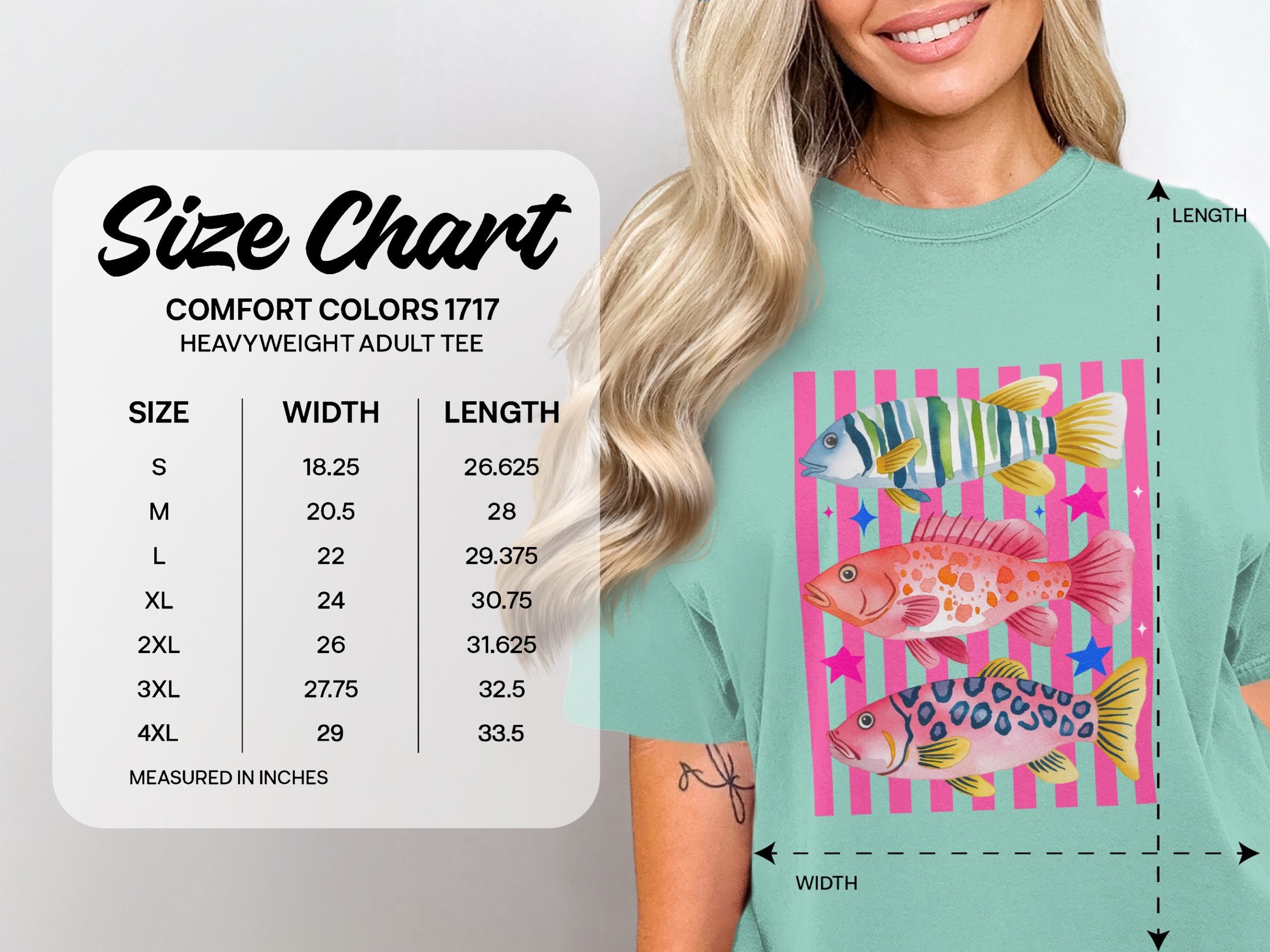 Vibrant Watercolor Fish T-Shirt, Comfort Colors ®, Tropical Ocean Life Tee, Pink Stripe Background, Summer Beach Vacation Gift for Her - Image 4