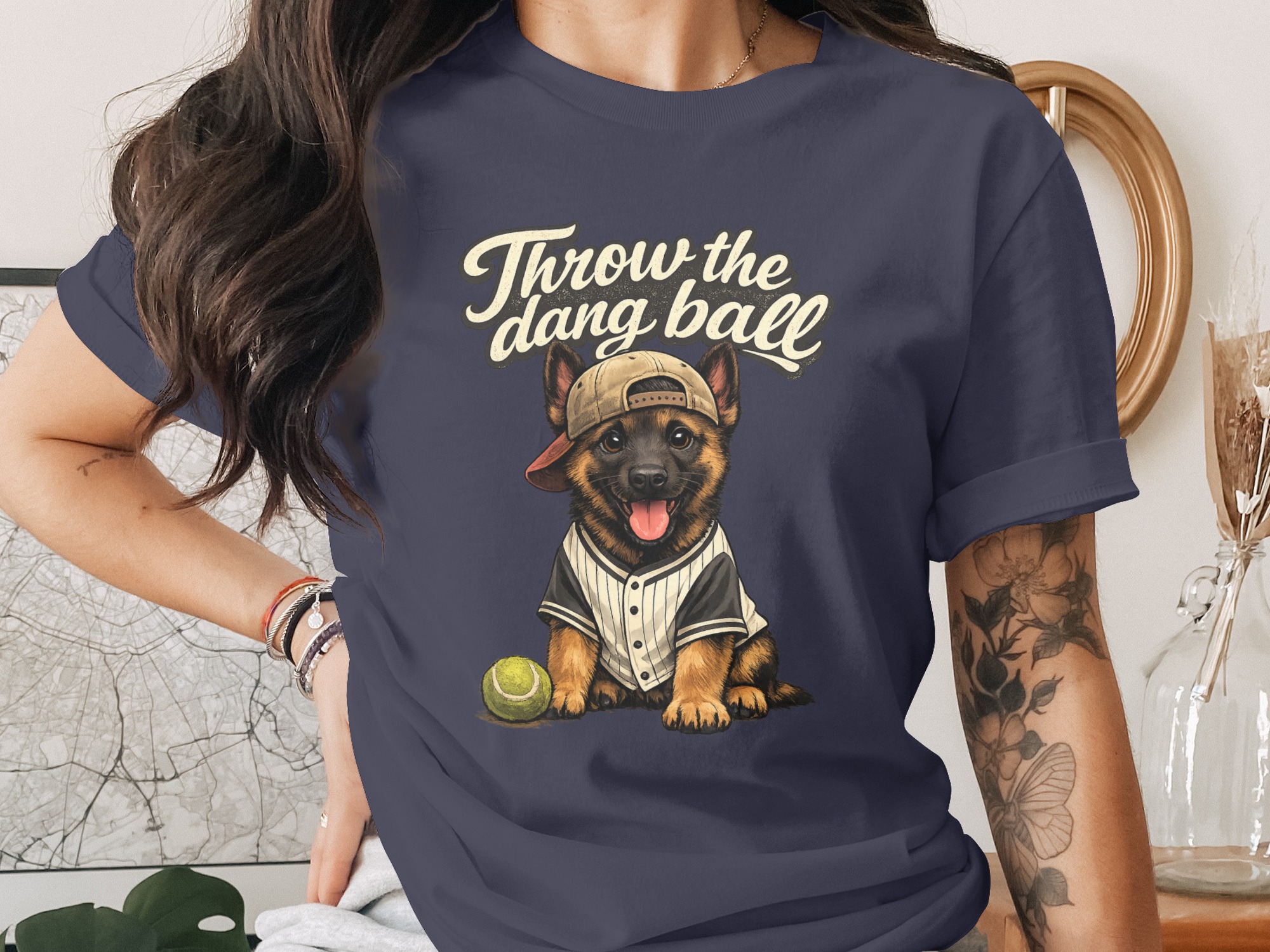 German Shepherd T-Shirt, Dog Lover Baseball Tee, Funny Puppy Shirt, Throw the Dang Ball Pet Owner Gift - Image 2