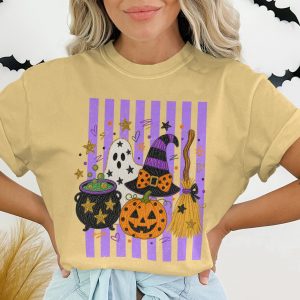 Whimsical Halloween Ghost Pumpkin Witch Hat Cauldron Broom Graphic T-Shirt | Spooky Cute Fall Tee | October Festival Gift Top