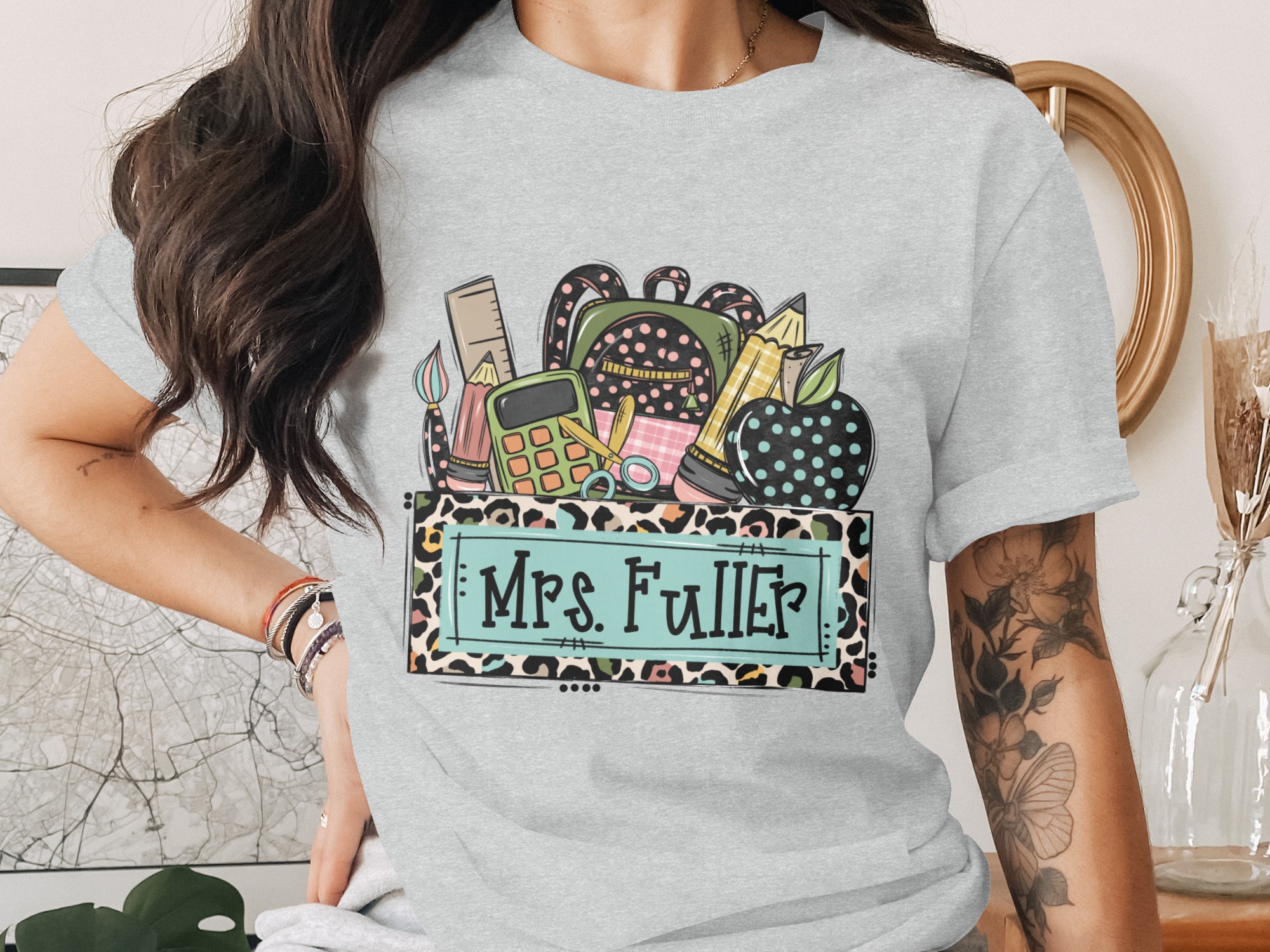 Custom Teacher School Supplies T-Shirt | Personalized Educator Gift, Back to School, Leopard Print Top - Image 2