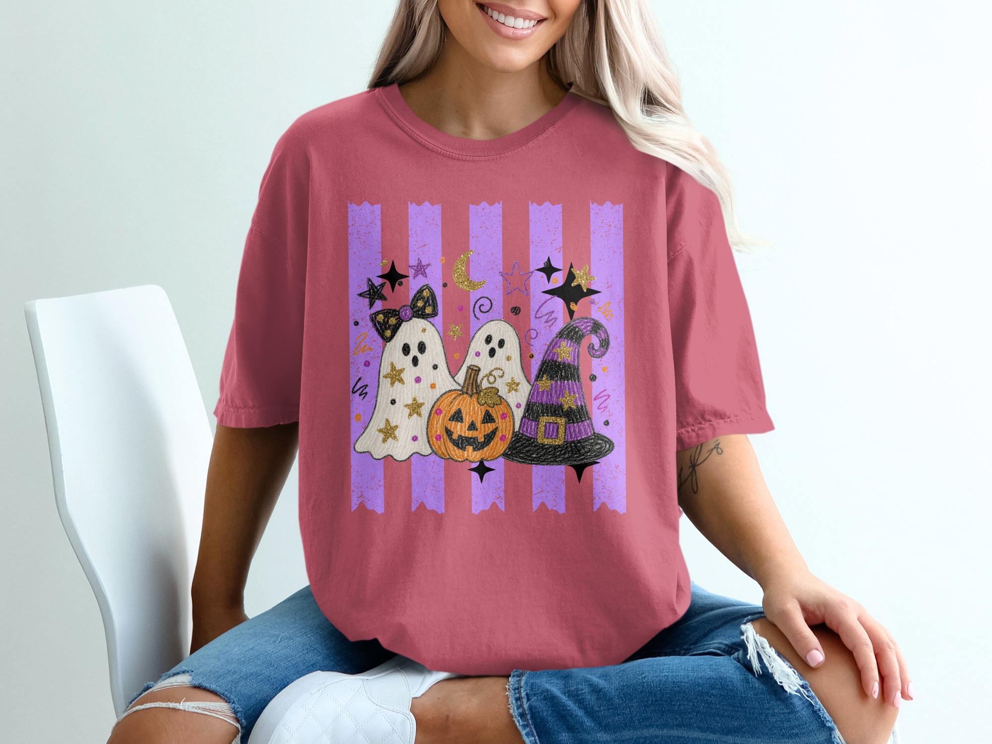 Cute Ghost Halloween T-Shirt, Spooky Pumpkin Witch Hat Graphic Tee, Faux Glitter Fall Festive Women's Purple Stripe Trick or Treat Apparel - Image 7