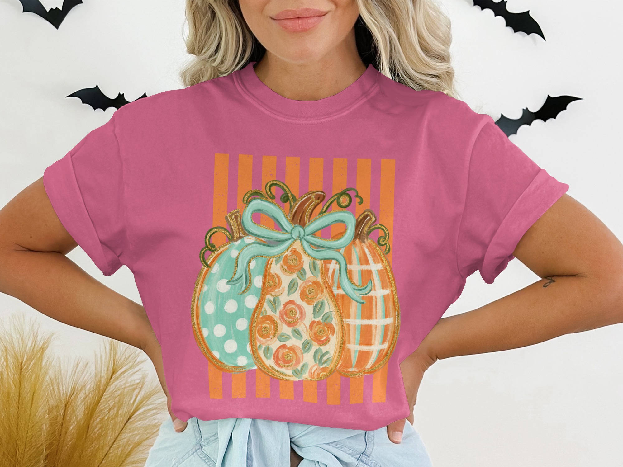 Cozy Autumn Pumpkins T-Shirt | Women's Fall Decor Graphic Tee with Faux Gold Outline & Teal Bow for Harvest Season - Image 12