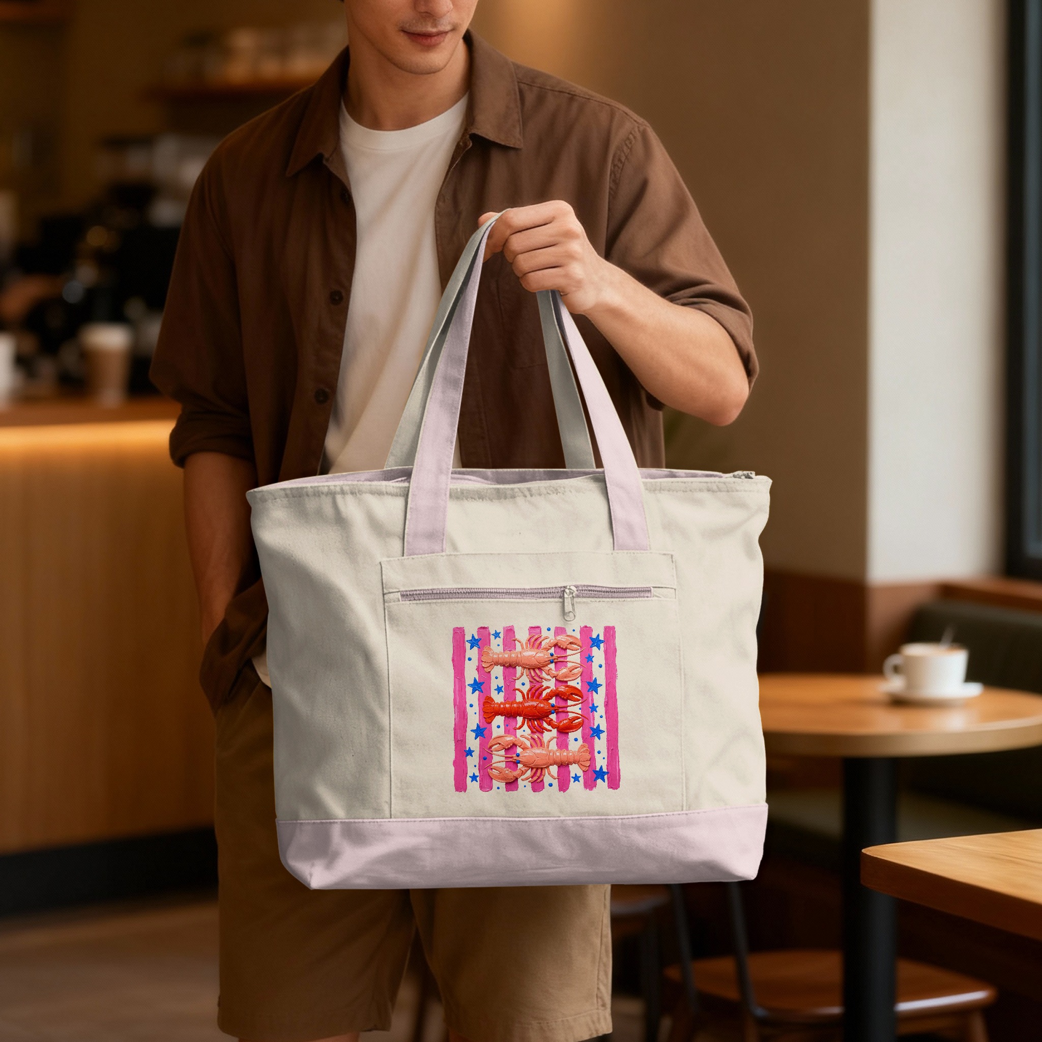 Lobster Tote Bag | Cute Pink Coastal Beach Summer Bag | Artistic Ocean Market Carryall with Star & Stripe Print - Image 8