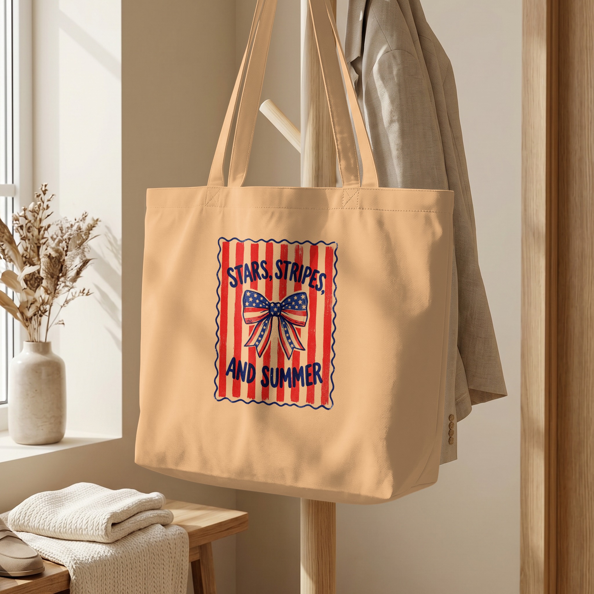 Stars, Stripes, and Summer Tote Bag | Patriotic American Flag Bow Design | Vintage Style Summer Canvas Bag Gift - Image 5