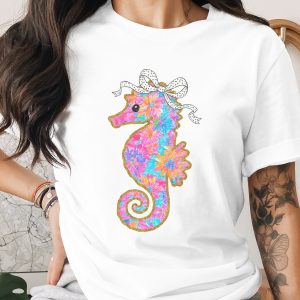 Preppy Floral Seahorse T-Shirt, Lilly Style Summer Tee, Faux Glitter Outline Coastal Beach Shirt, Cute Animal Vacation Top