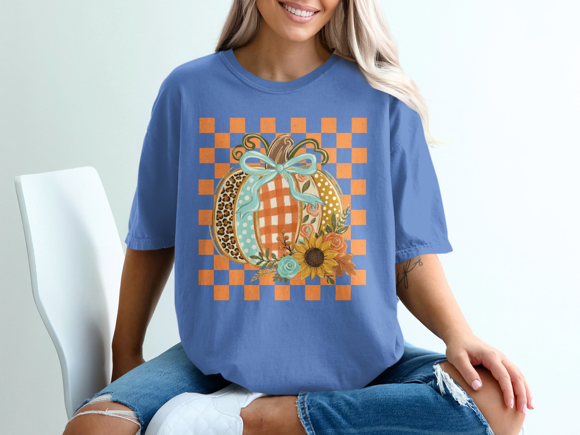 Cute Fall Pumpkin T-Shirt, Distressed Checkerboard Autumn Tee, Floral Leopard Print Pumpkin Shirt, Thanksgiving Gift - Image 9