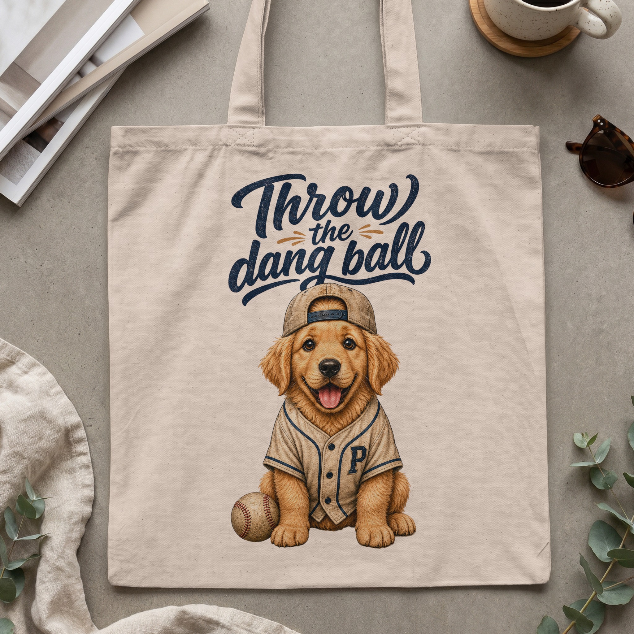 Golden Retriever Tote Bag, Baseball Dog Mom Gift, Throw the Dang Ball Puppy Sports Fan Canvas Carryall, Cute Animal Print - Image 2