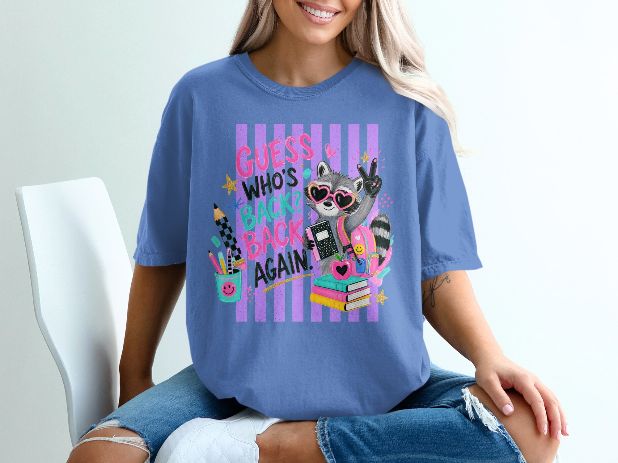 Back To School Raccoon T-Shirt, Guess Who's Back Again Teacher Shirt, First Day Of School Student Tee, Cute Animal Graphic Top - Image 9