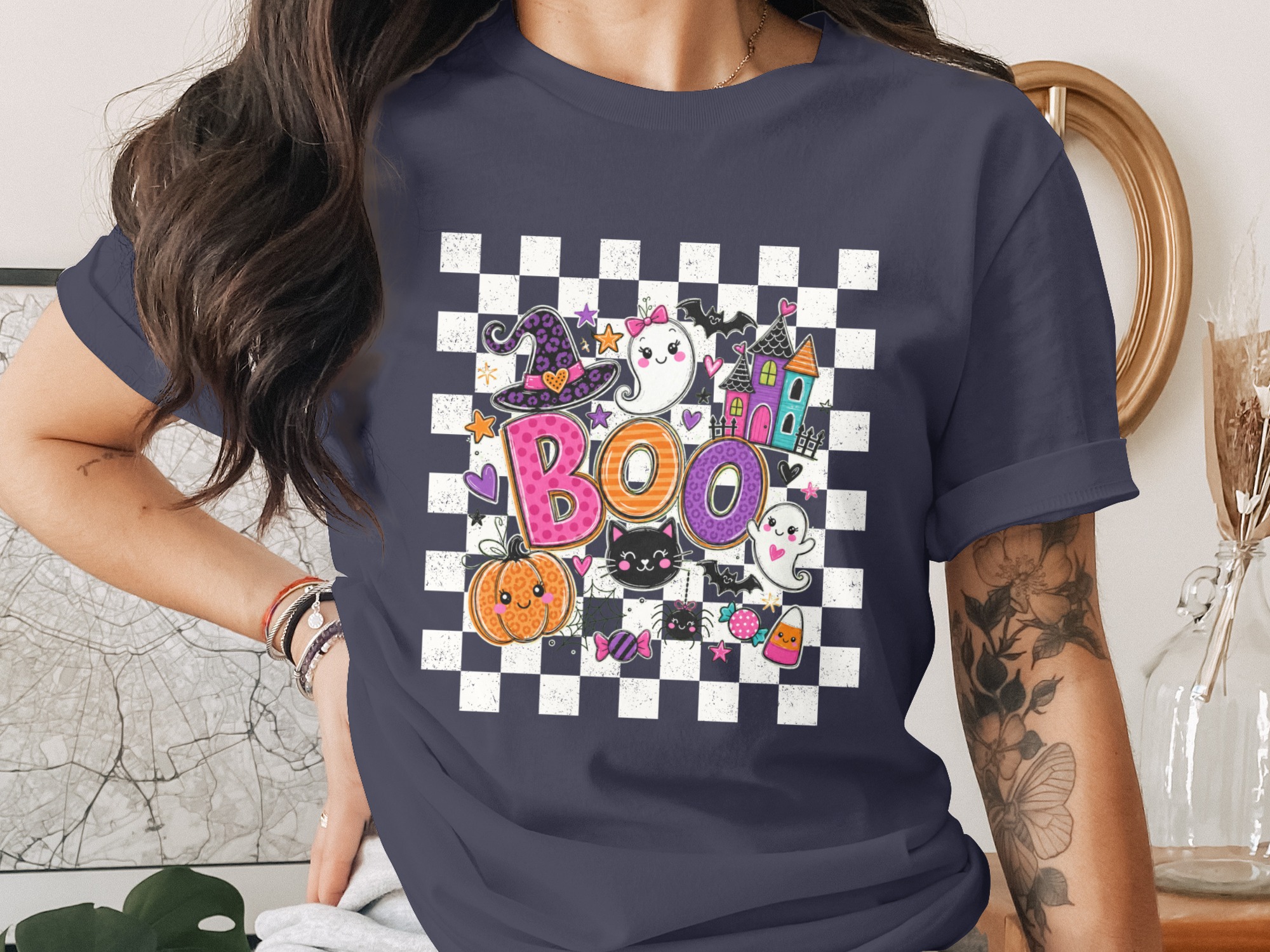 Cute Spooky Boo Halloween T-Shirt for Women, Aesthetic Boho Ghost Witch Hat Funny Pumpkin Trick or Treat Tee - Image 3