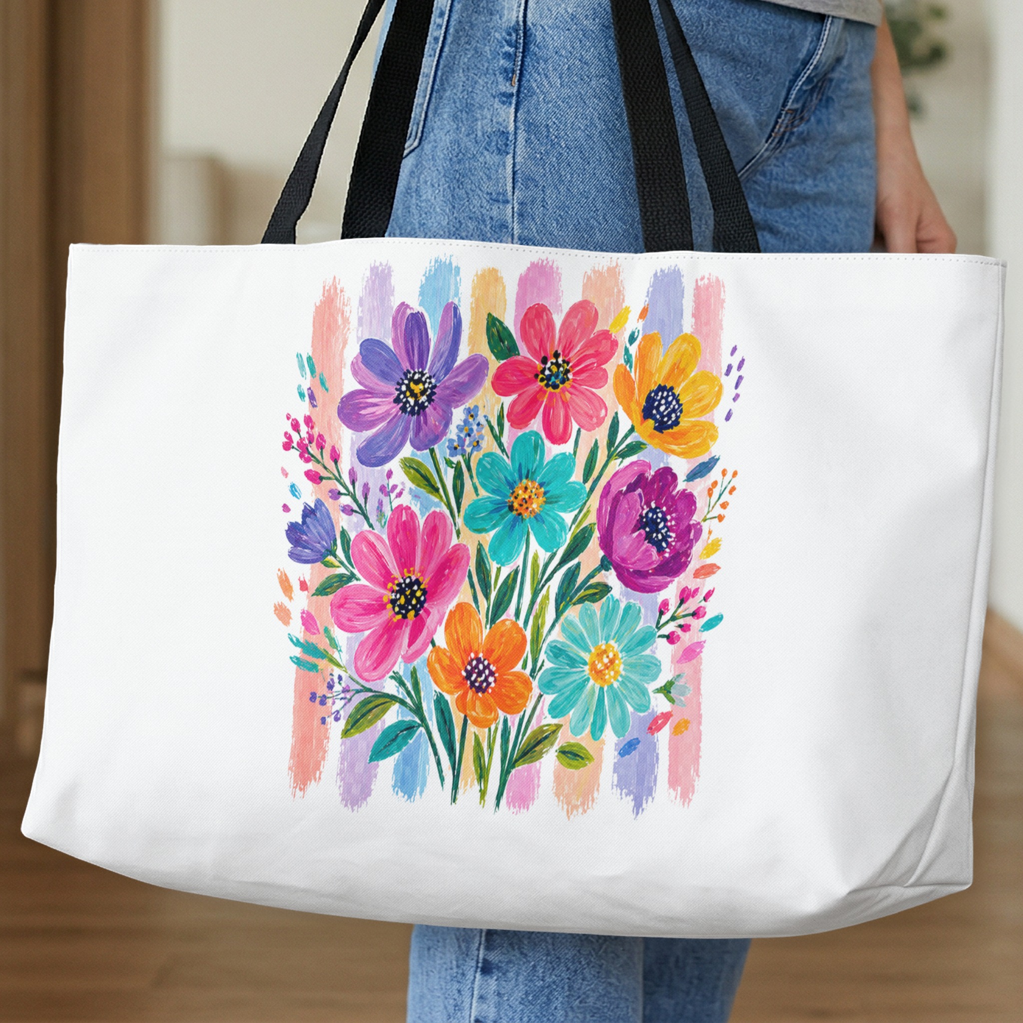 Vibrant Floral Tote Bag, Watercolor Boho Flower Market Shoulder Bag, Colorful Bloom Art Print Gift for Her, Everyday Chic Bag - Image 10