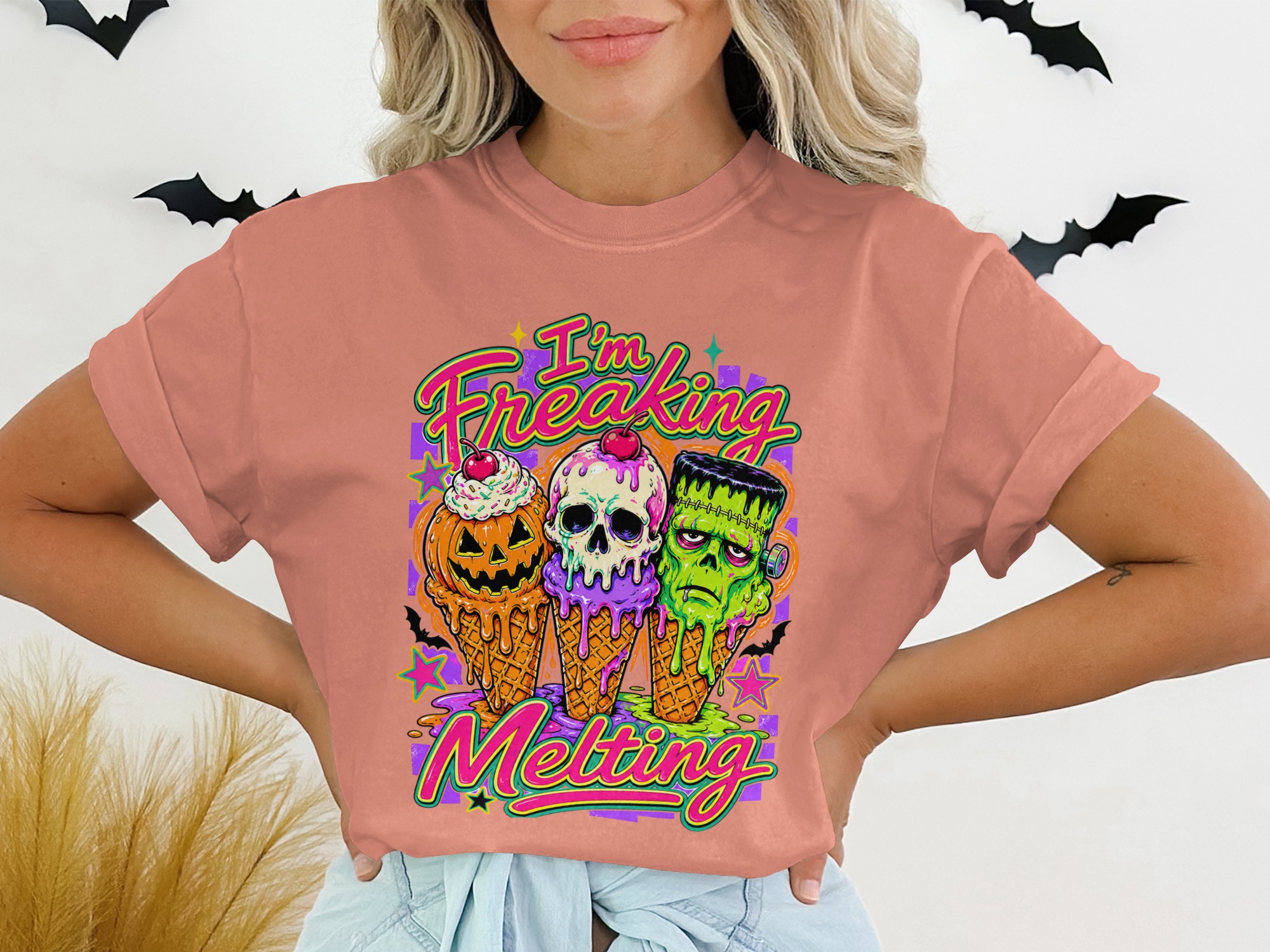 Freaking Melting Monster Ice Cream Shirt, Spooky Halloween Graphic Tee, Cute Gothic Horror Top, October Spooky Season Outfit T-Shirt - Image 2