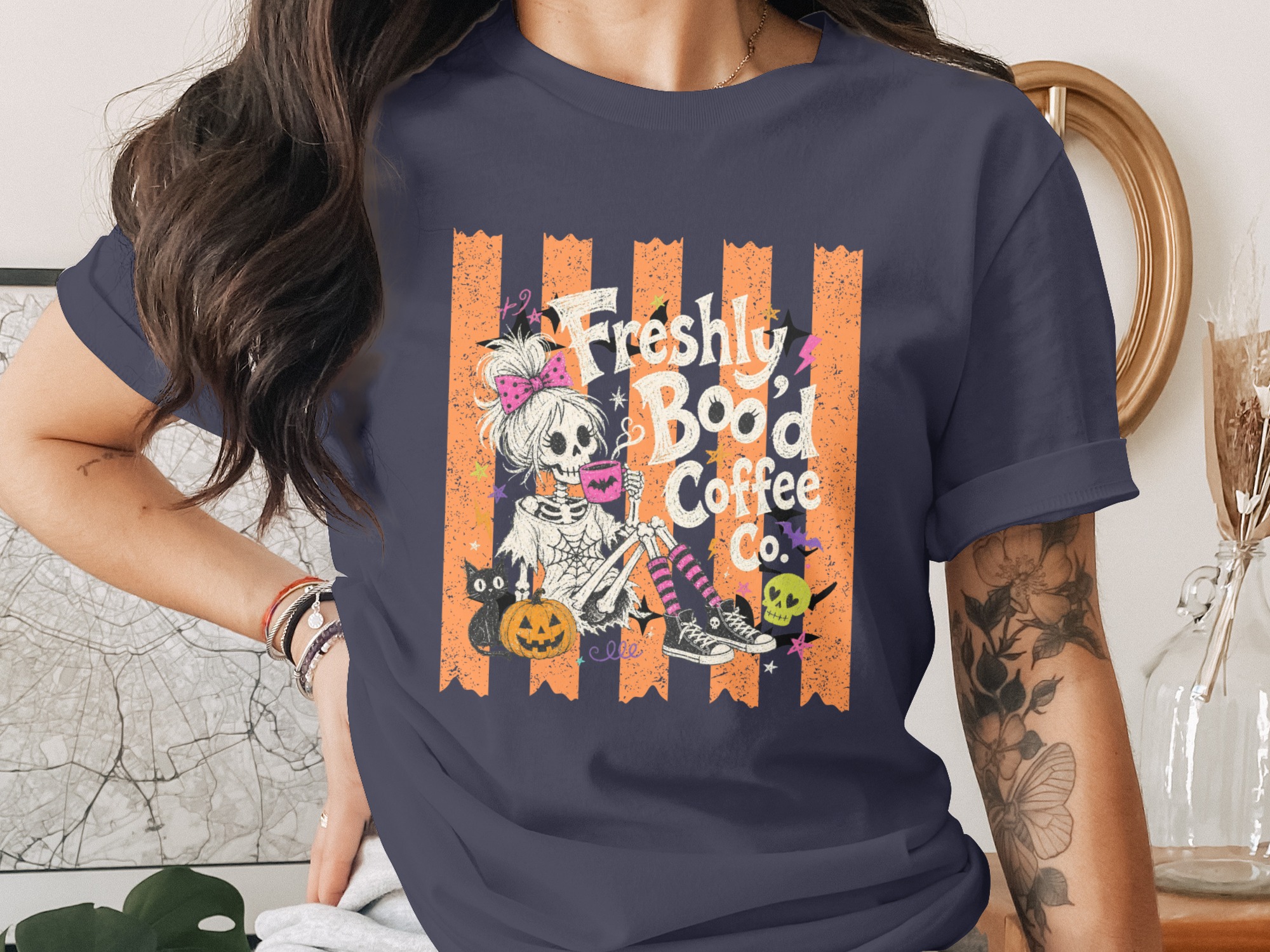 Freshly Brewed Coffee Skeleton T-Shirt, Spooky Season Tee, Halloween Coffee Lover Shirt, Cute Goth Skull Top - Image 3